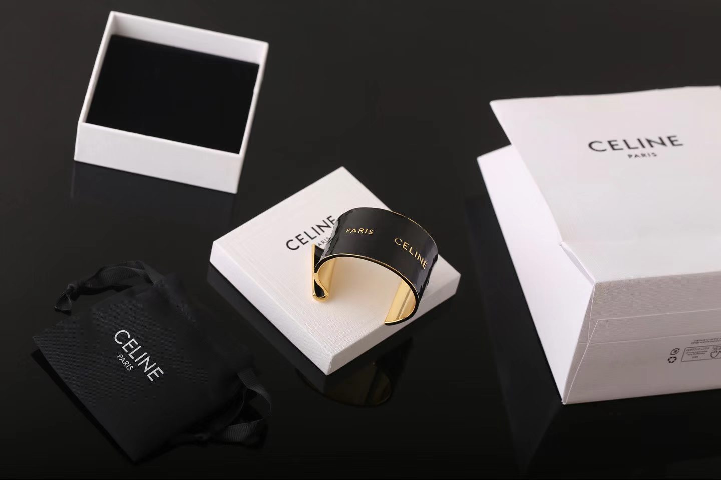 Celine Paris Logo Enamel Cuff bracelet gold-tone metal with black enamel 6cm inner diameter