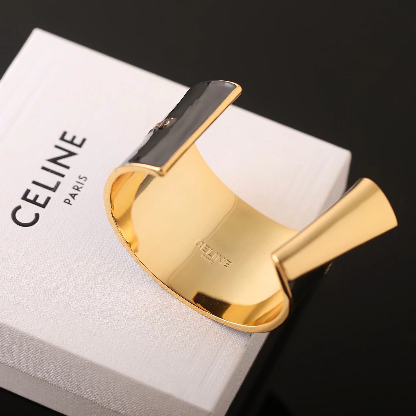 Celine Paris Logo Enamel Cuff bracelet gold-tone metal with black enamel 6cm inner diameter
