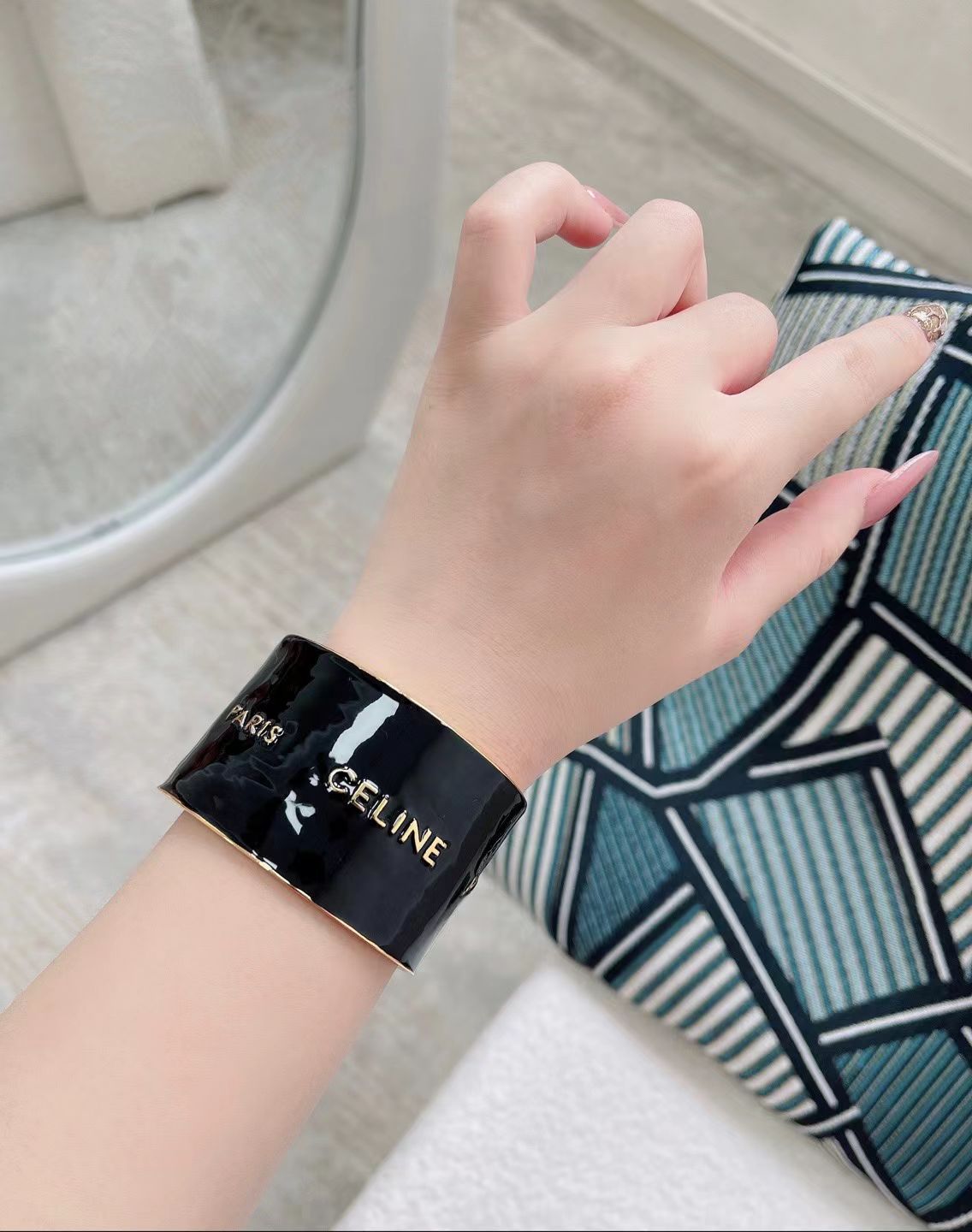 Celine Paris Logo Enamel Cuff bracelet gold-tone metal with black enamel 6cm inner diameter