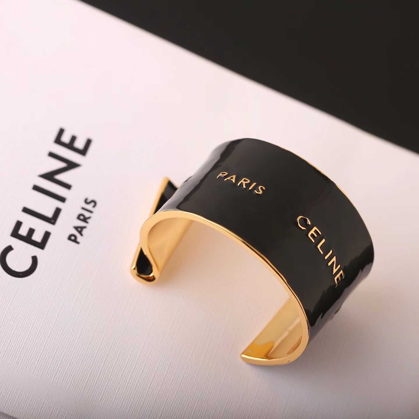 Celine Paris Logo Enamel Cuff bracelet gold-tone metal with black enamel 6cm inner diameter