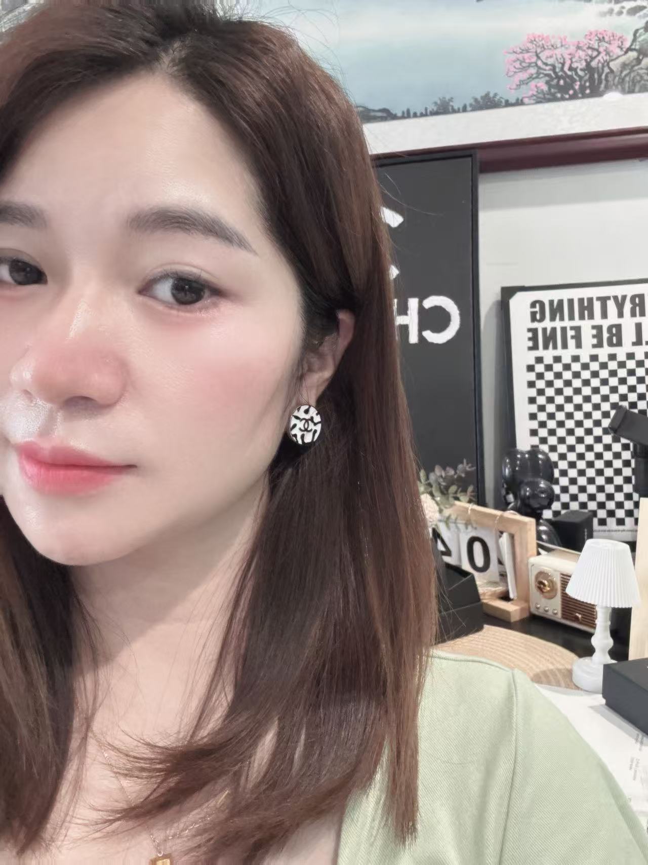 Chanel CC Logo Round Stud Earrings earrings silver-tone metal white enamel with black spotted pattern 1 5cm diameter