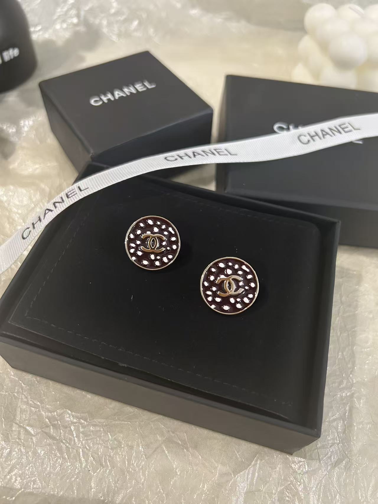 Chanel 26A CC Logo Polka Dot Round Stud Earrings earrings Silver-tone metal with black enamel and white polka dot detailing 1 5cm diameter