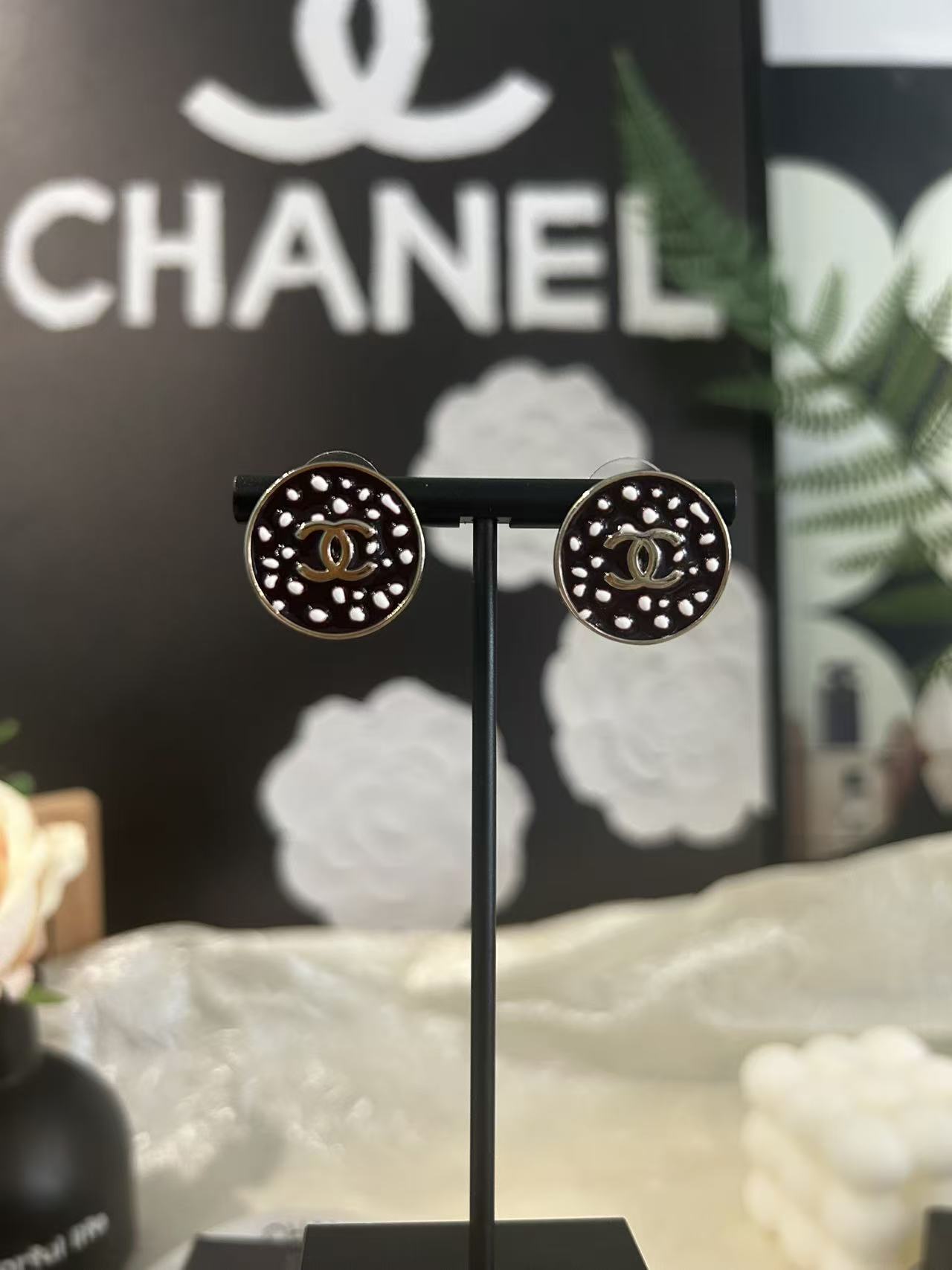 Chanel 26A CC Logo Polka Dot Round Stud Earrings earrings Silver-tone metal with black enamel and white polka dot detailing 1 5cm diameter