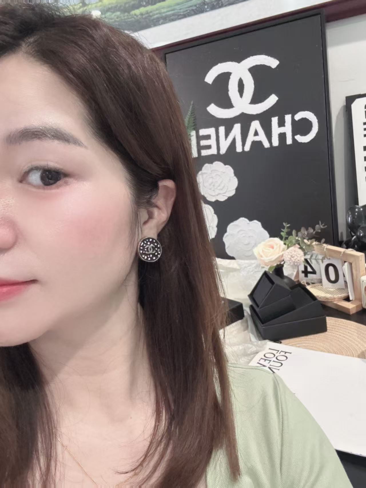 Chanel 26A CC Logo Polka Dot Round Stud Earrings earrings Silver-tone metal with black enamel and white polka dot detailing 1 5cm diameter