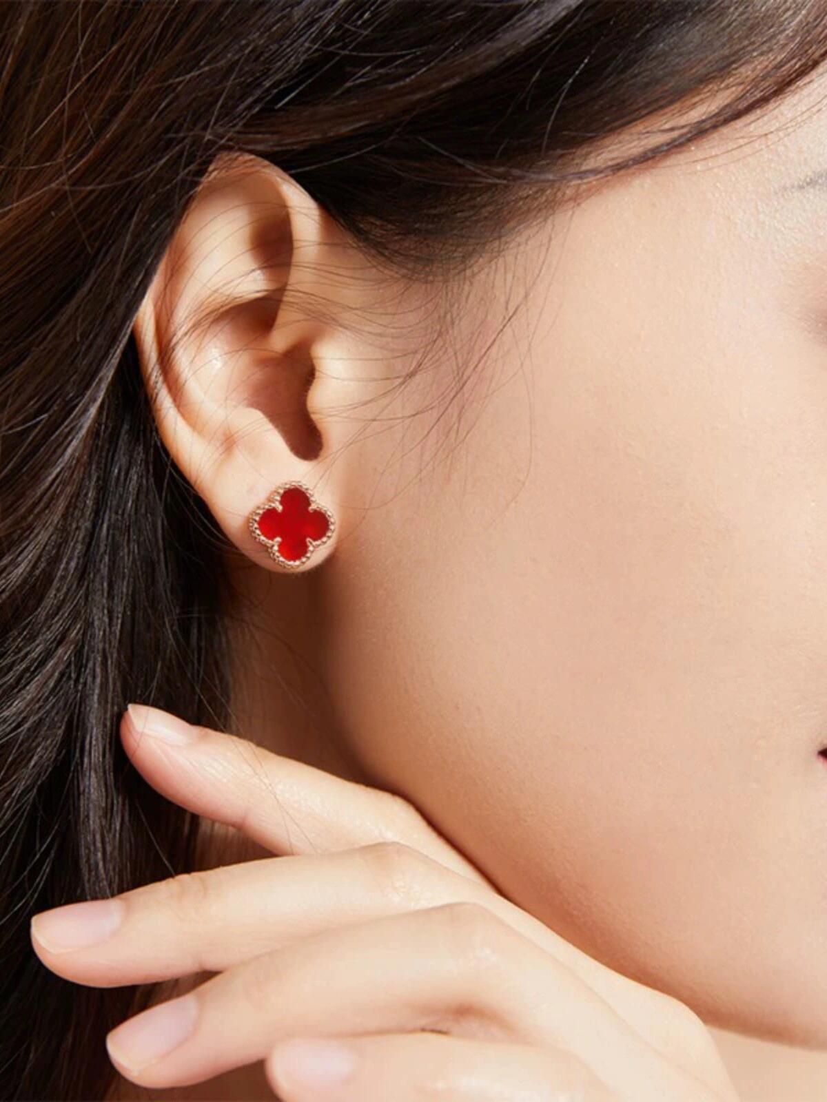 Van Cleef Arpels Sweet Alhambra earrings 18k yellow gold with carnelian red stone 9 5mm stud diameter