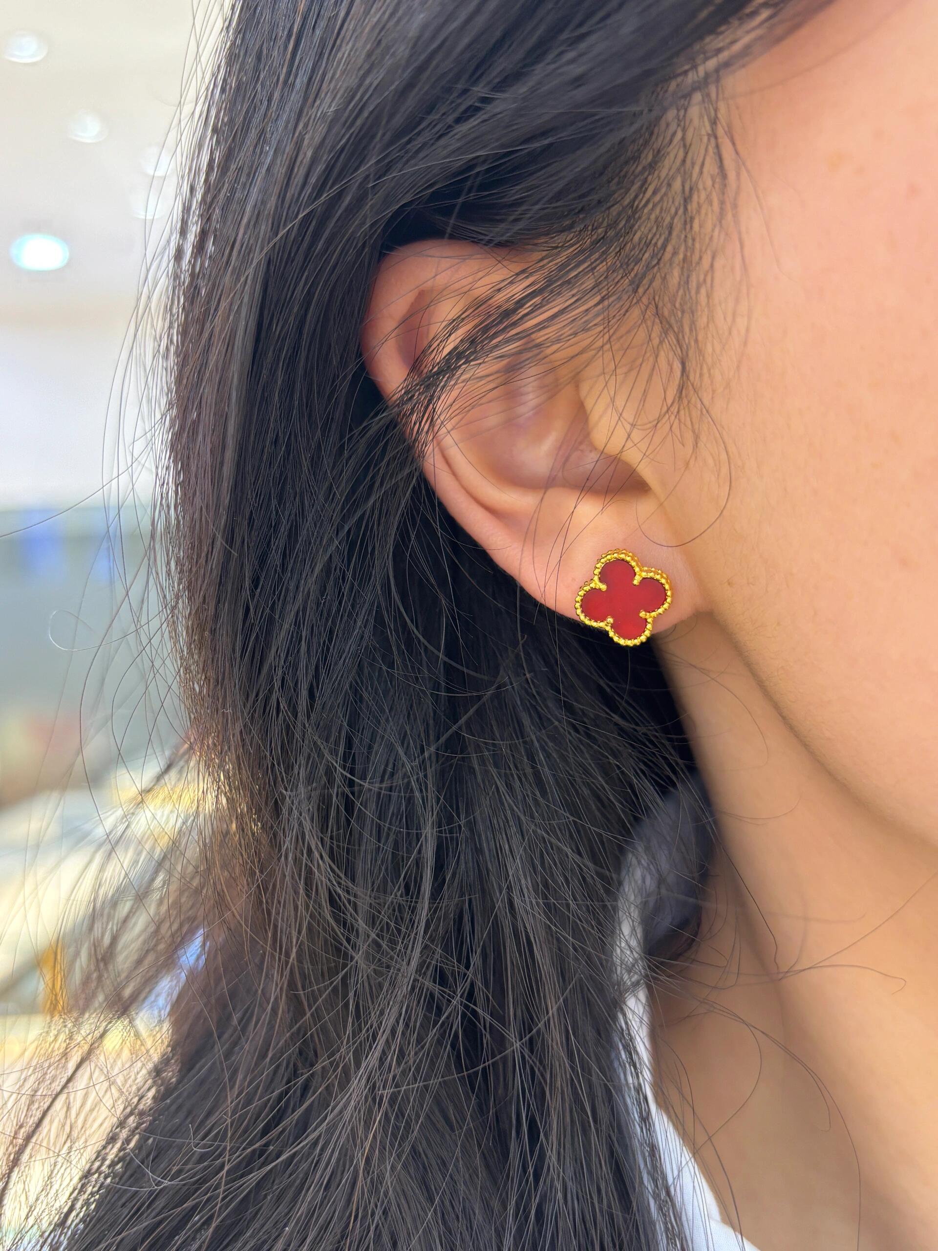 Van Cleef Arpels Sweet Alhambra earrings 18k yellow gold with carnelian red stone 9 5mm stud diameter