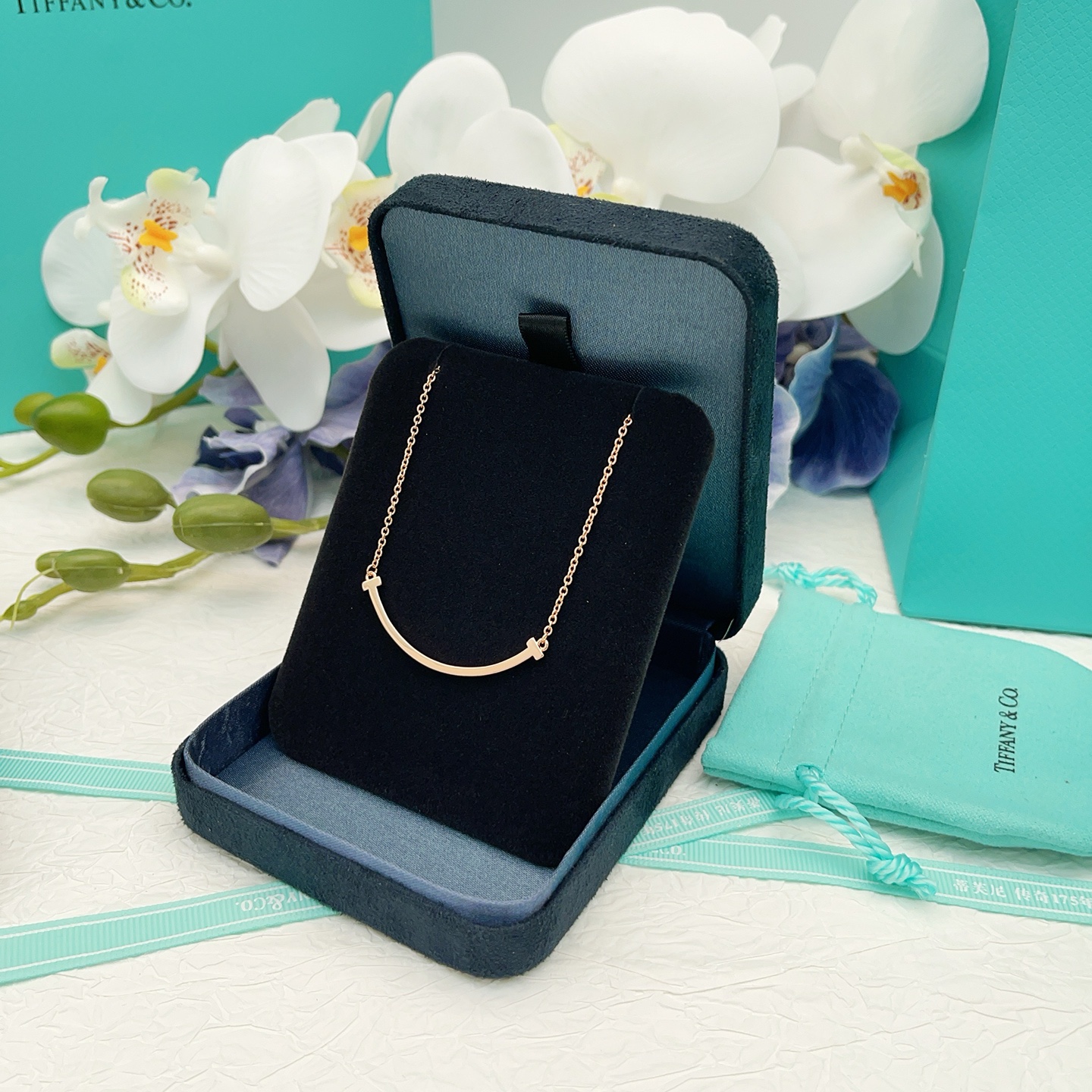 Tiffany Co T Smile necklace 18k rose gold no gemstones 16-18 inches adjustable