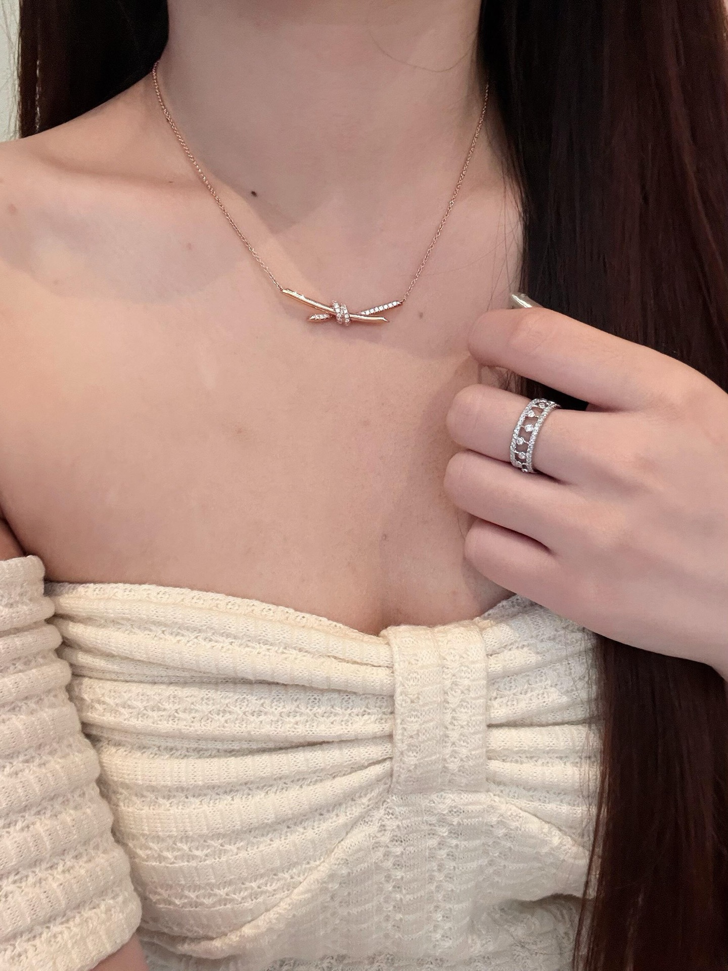 Tiffany Co Knot necklace 18k rose gold with clear diamonds 16 inches