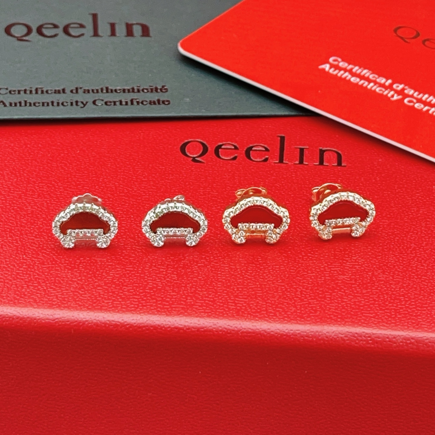 Qeelin Yu Yi earrings 18k rose gold red carnelian clear diamond 8mm stud diameter