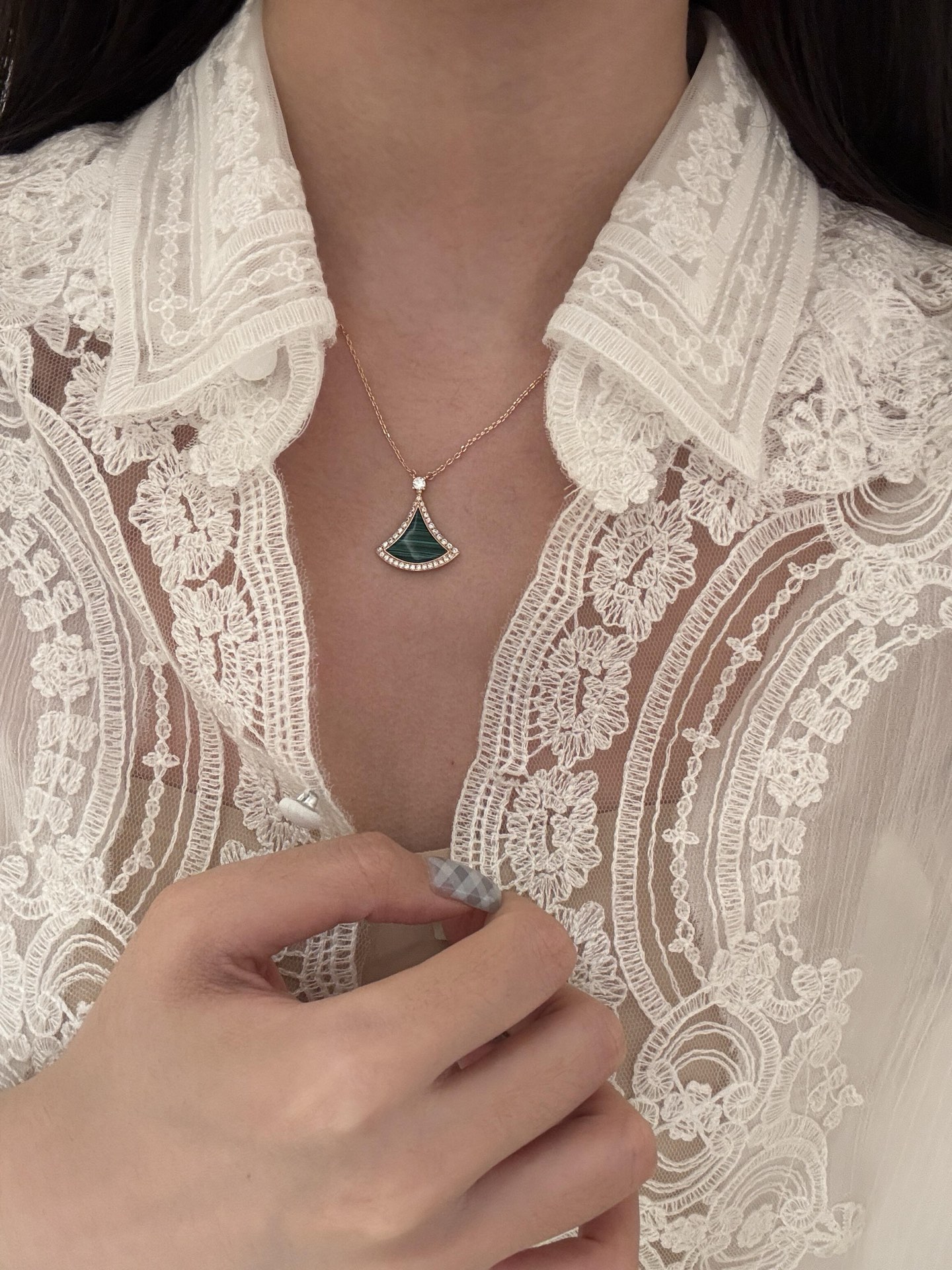 Bvlgari Divas Dream necklace 18k rose gold green malachite clear diamond 42cm