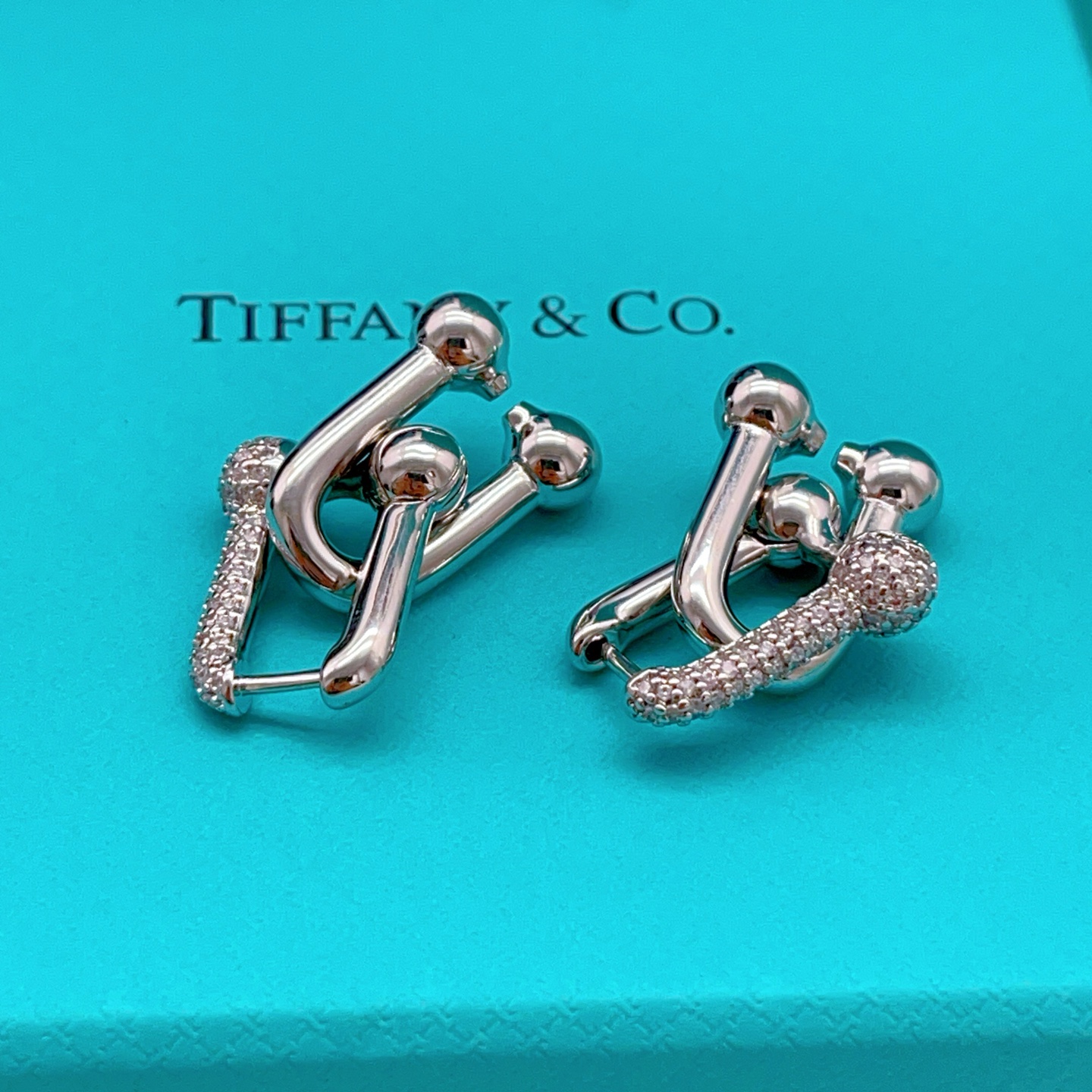 Tiffany Co HardWear earrings sterling silver with pave set clear diamonds 2 2cm length