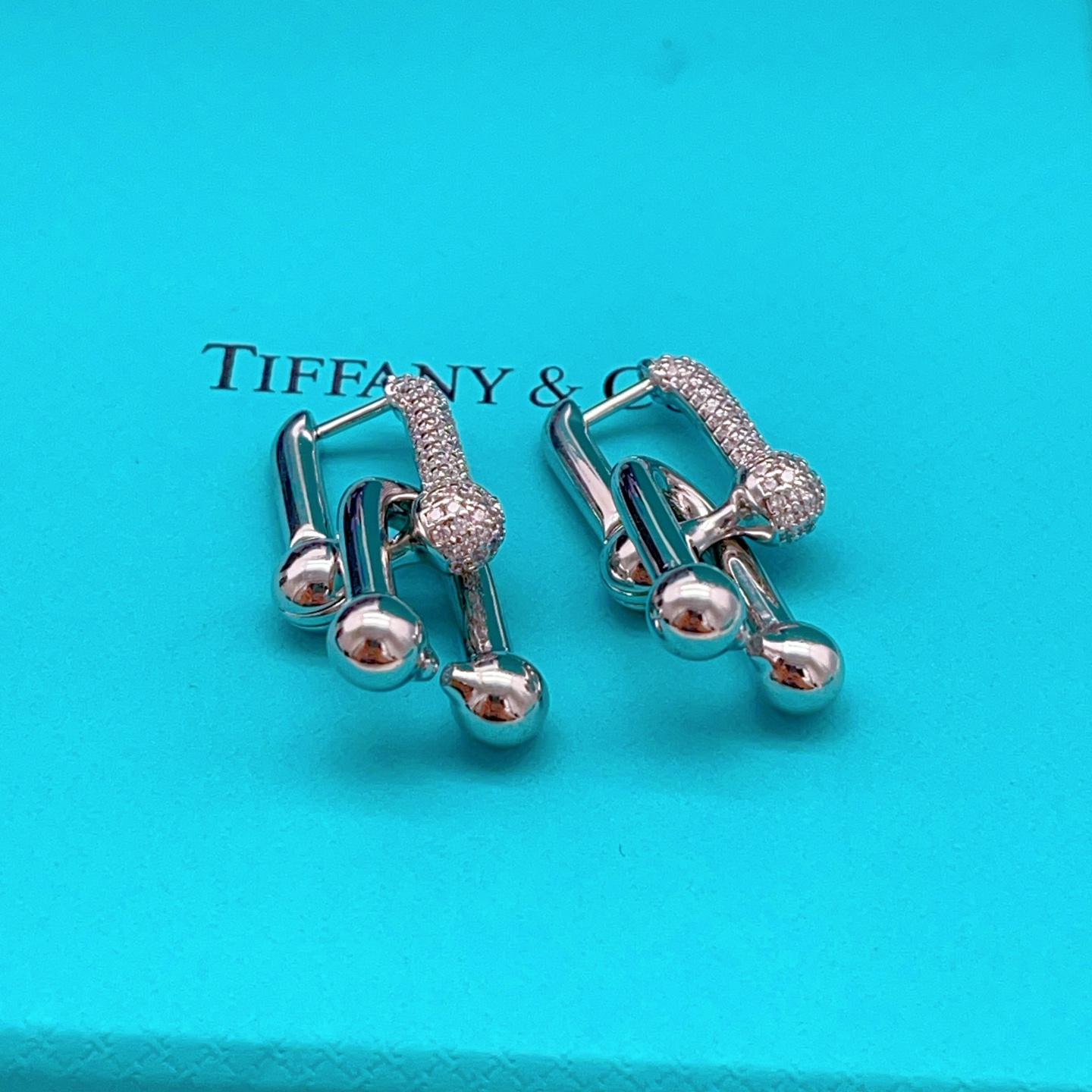 Tiffany Co HardWear earrings sterling silver with pave set clear diamonds 2 2cm length