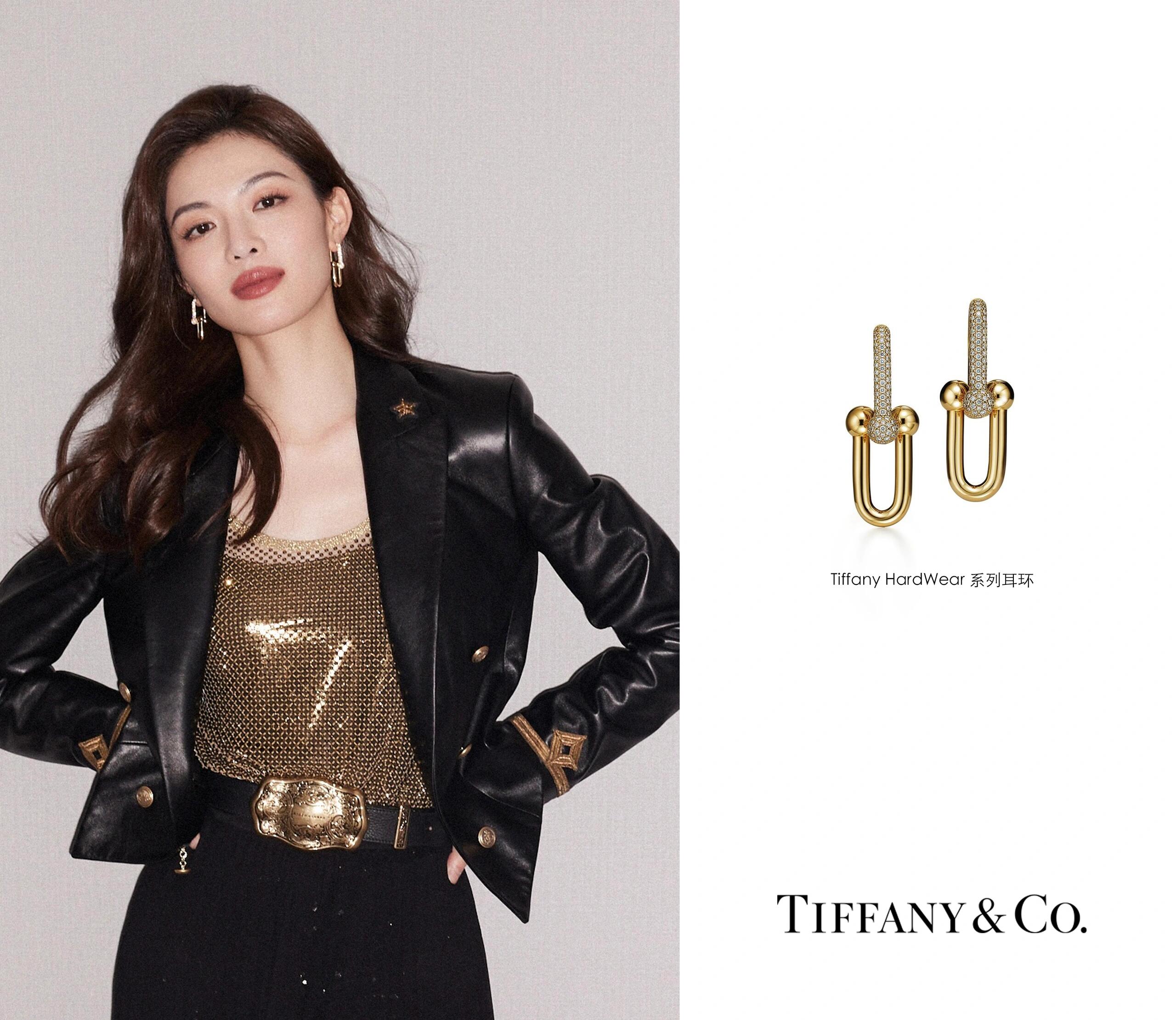 Tiffany Co HardWear earrings gold metal with clear diamond pave accents 3 5cm length