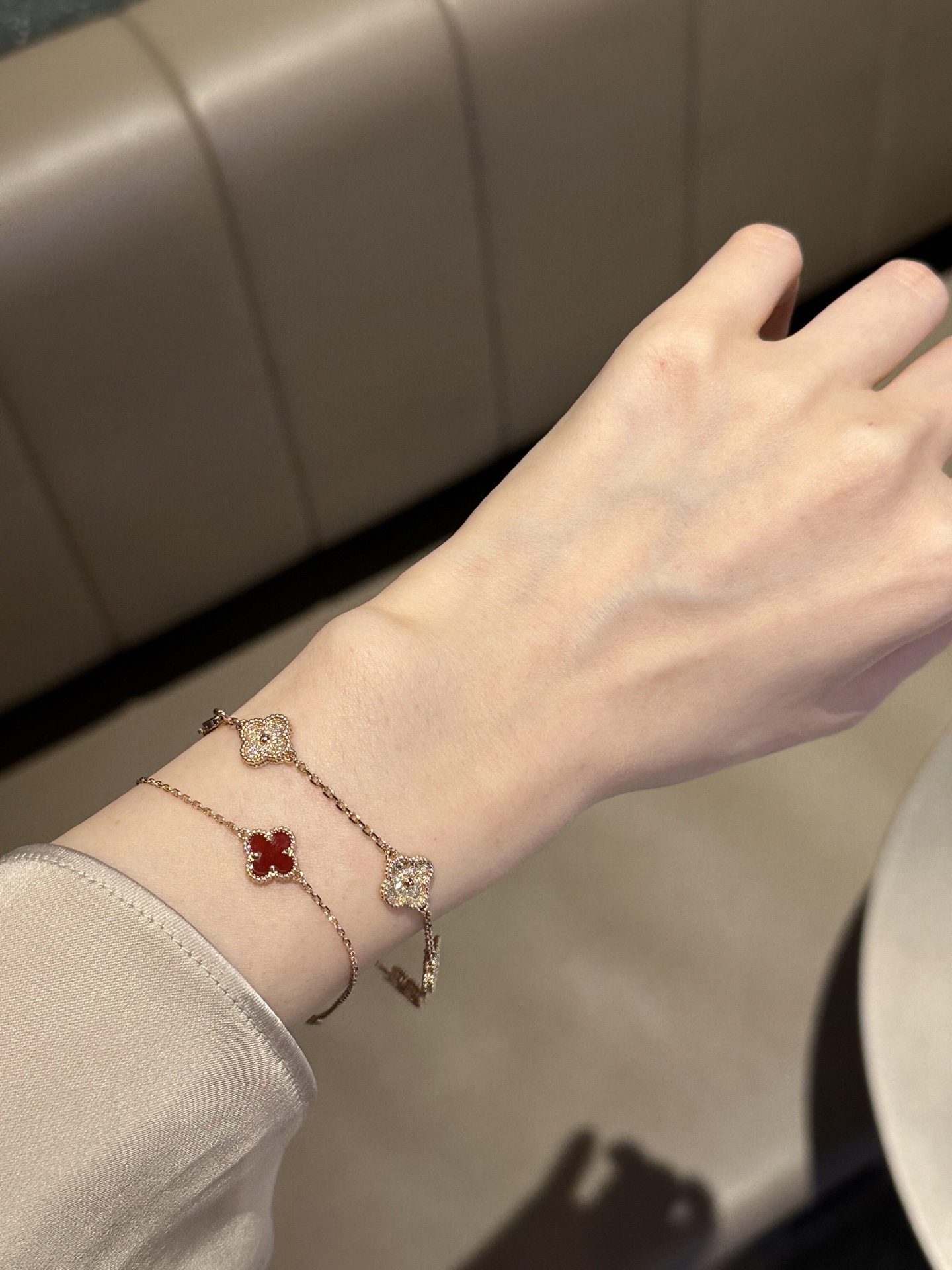 Van Cleef Arpels Alhambra bracelet Rose gold with red carnelian and clear diamond accents 17cm