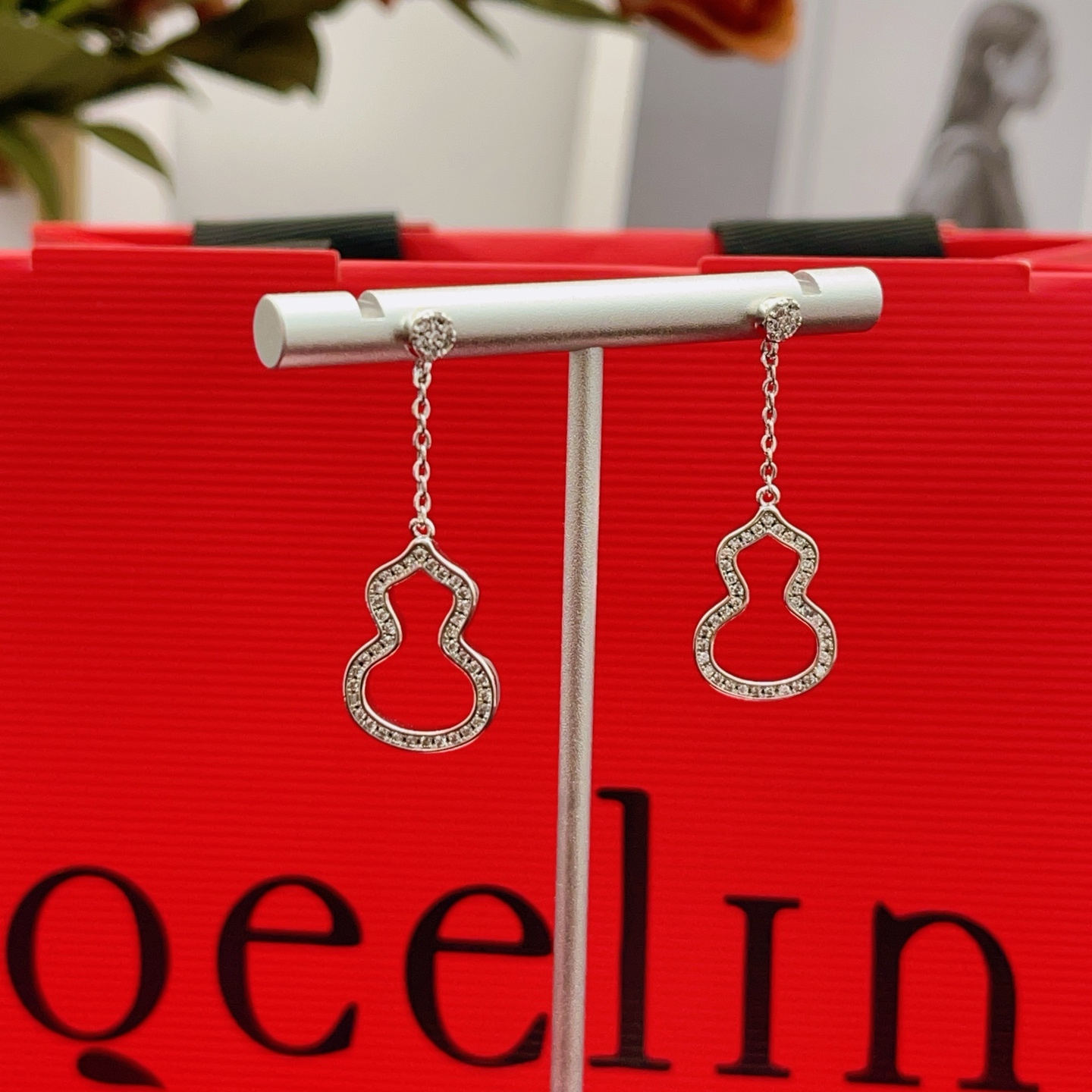 Qeelin Wulu earrings silver-toned white gold with clear diamond accents 2 5cm drop length