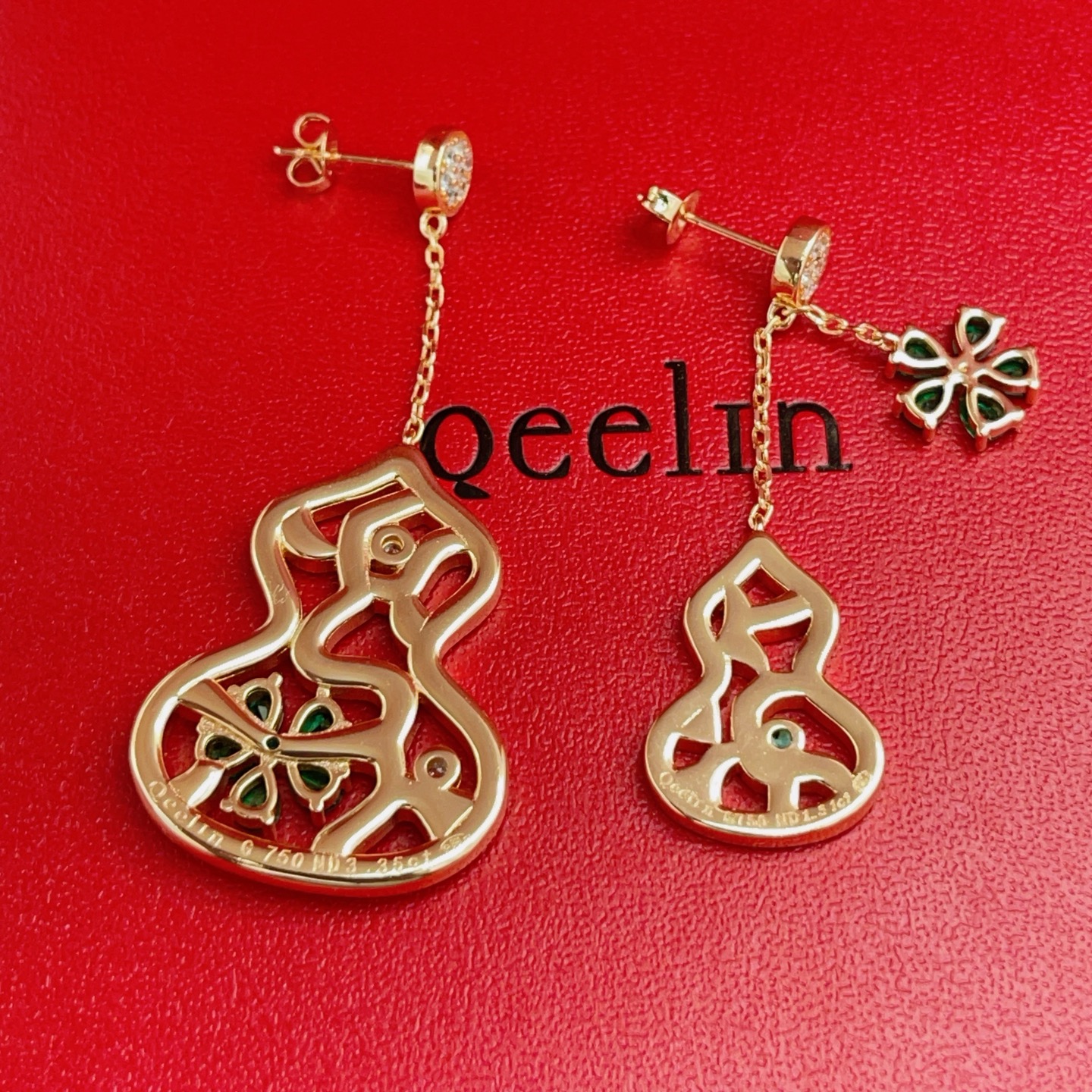 Qeelin Wulu earrings 18k rose gold clear diamond emerald green gemstone 4cm drop length