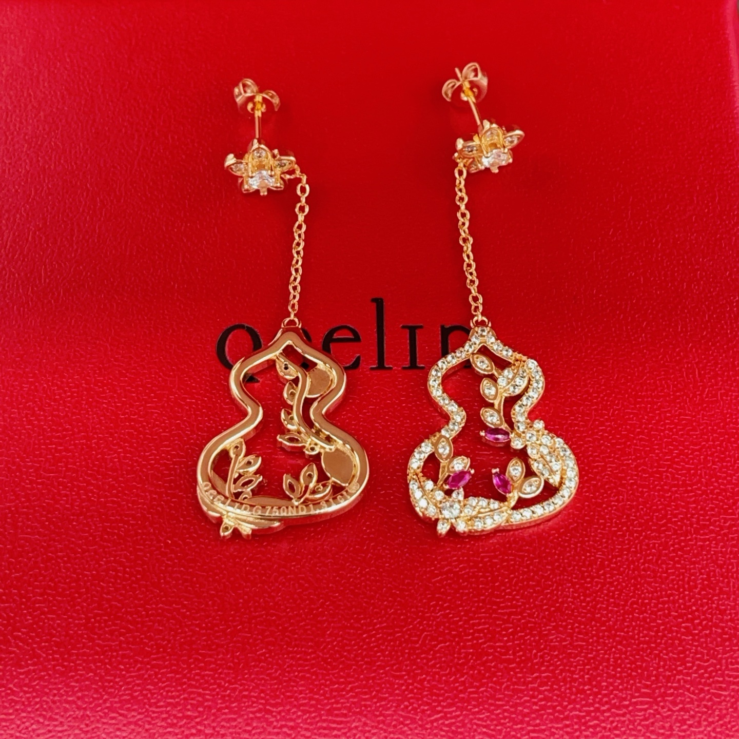 Qeelin Wulu Garden earrings rose gold metal with clear diamonds and ruby red gemstones 4 5cm drop length