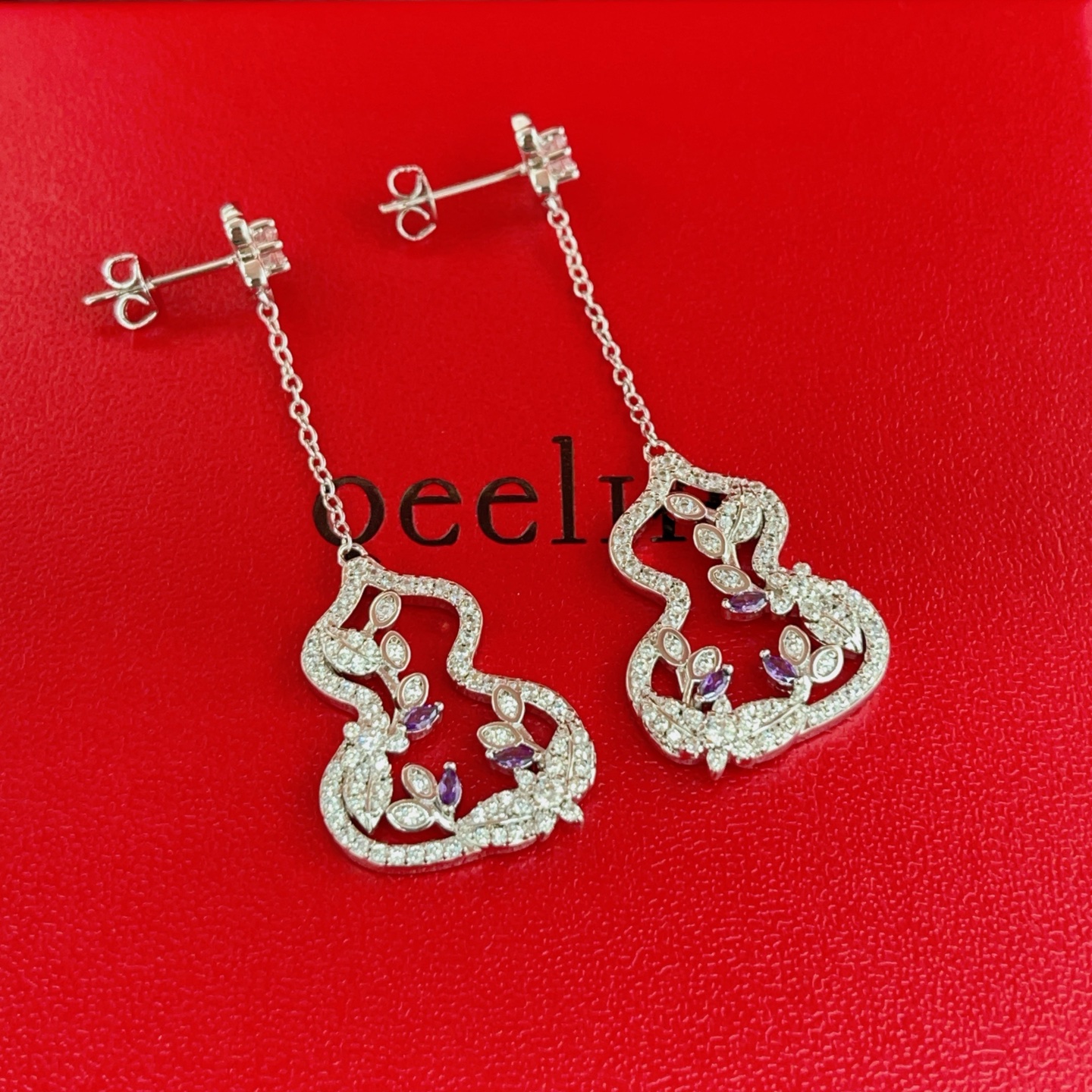 Qeelin Wulu earrings silver-toned white gold with clear diamonds and purple gemstones 4cm drop length