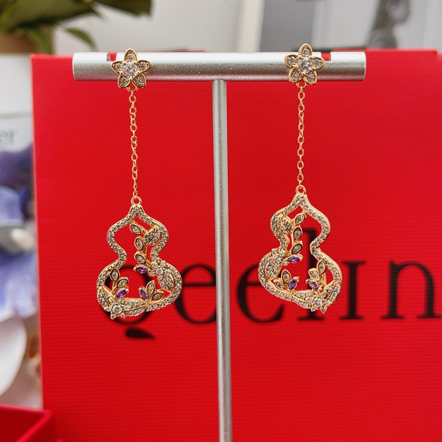 Qeelin Wulu Garden earrings rose gold with clear diamonds and purple gemstones 4cm drop length