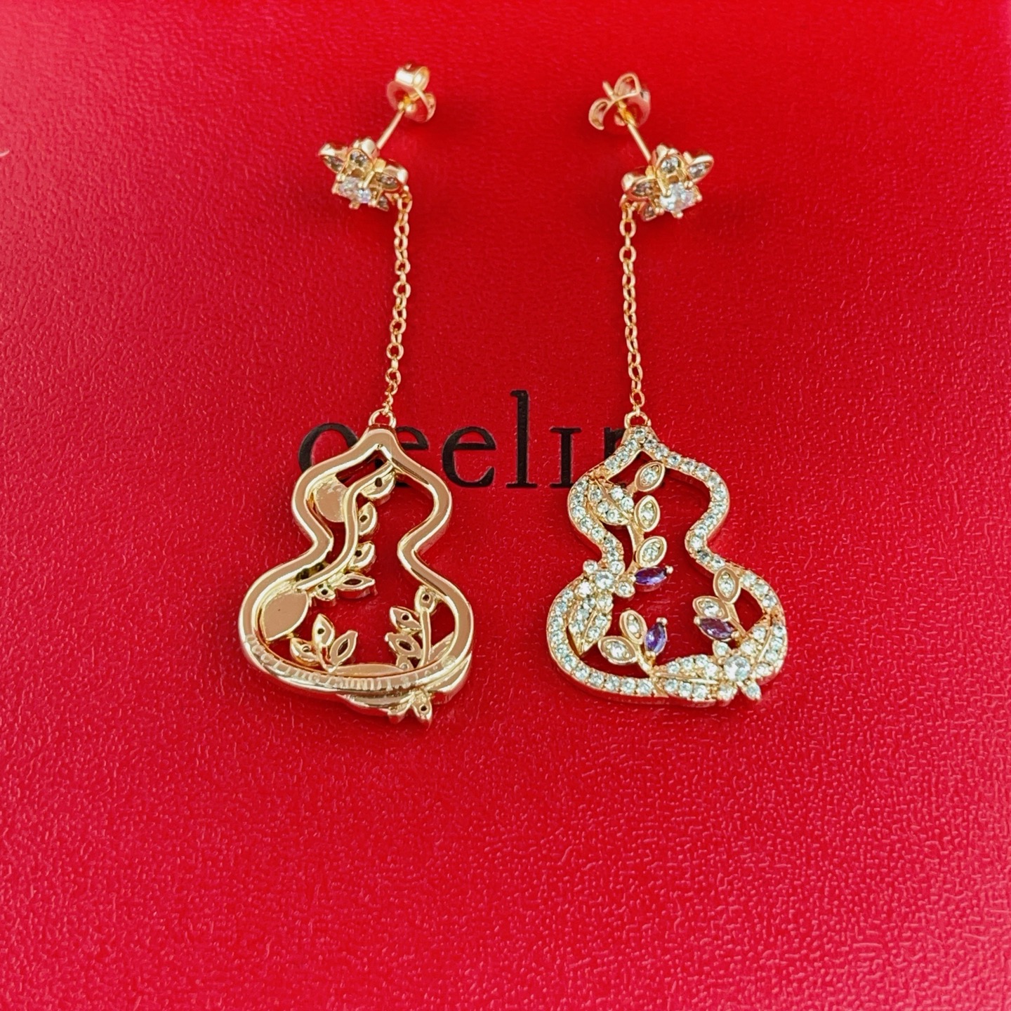 Qeelin Wulu Garden earrings rose gold with clear diamonds and purple gemstones 4cm drop length