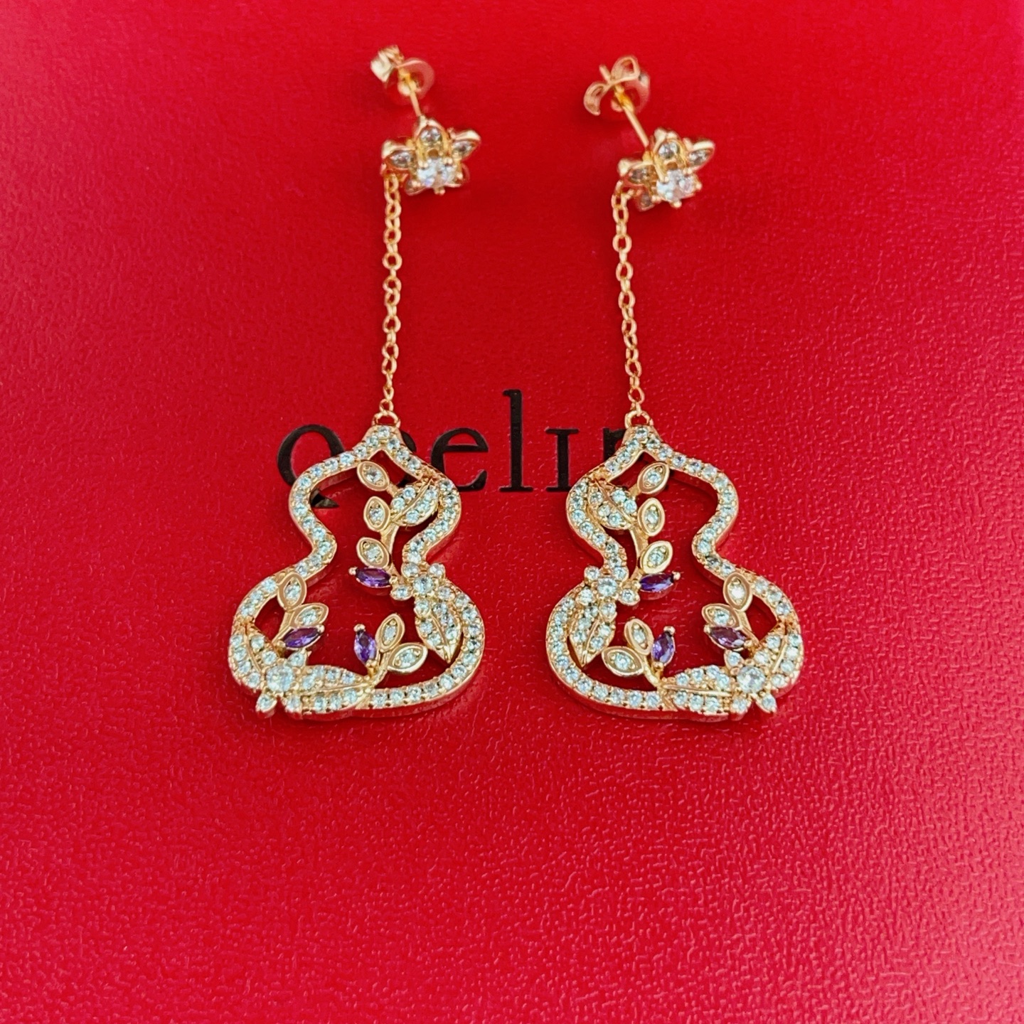 Qeelin Wulu Garden earrings rose gold with clear diamonds and purple gemstones 4cm drop length