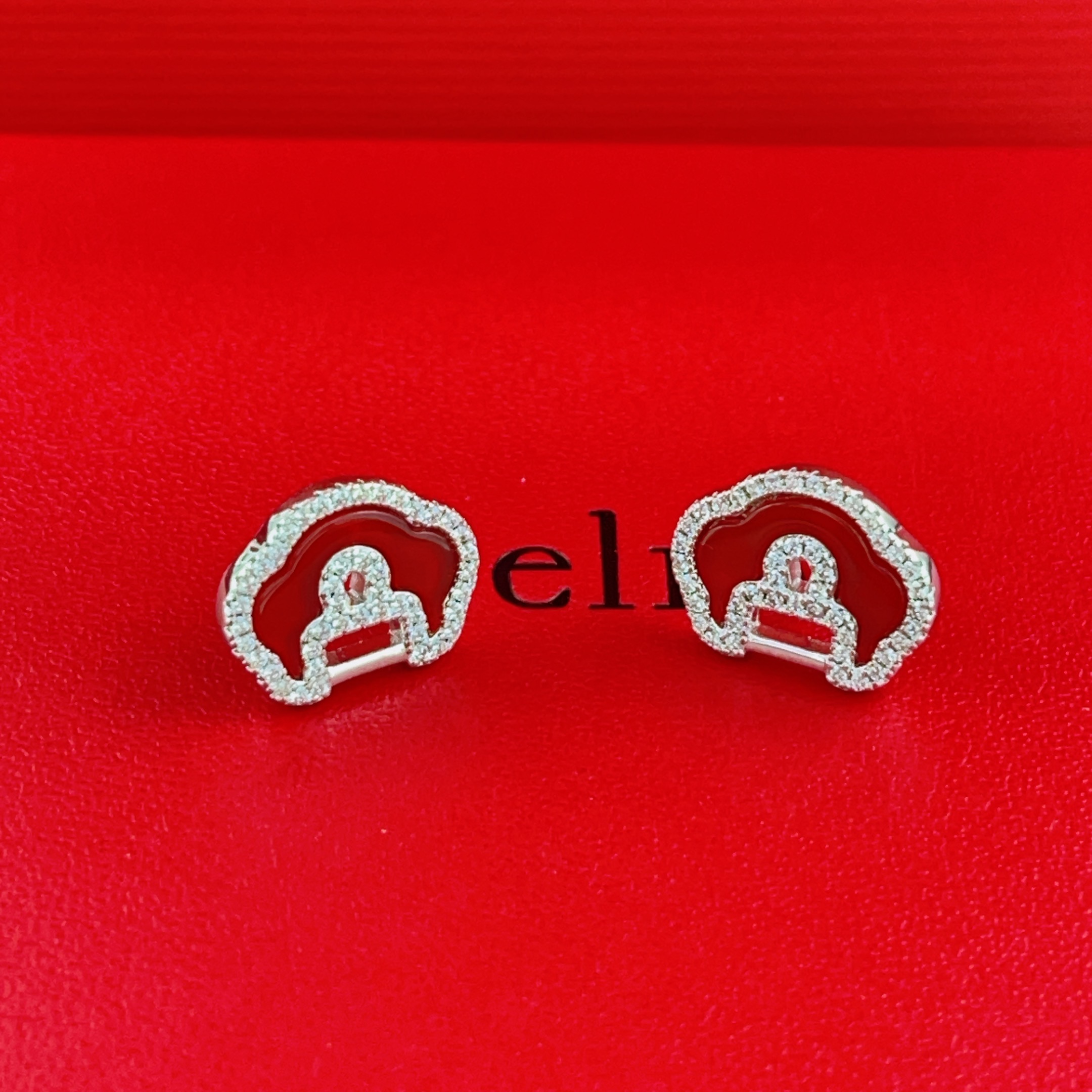 Qeelin Yu Yi earrings silver-toned white gold red carnelian clear diamond pave 10mm stud diameter