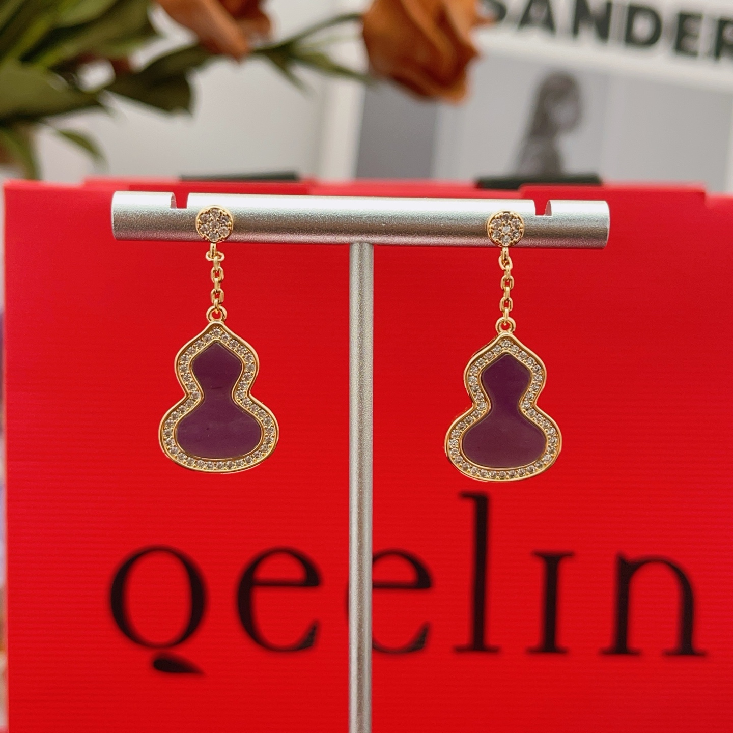 Qeelin Wulu earrings 18K rose gold purple gemstone clear diamond accents 2 5cm drop length