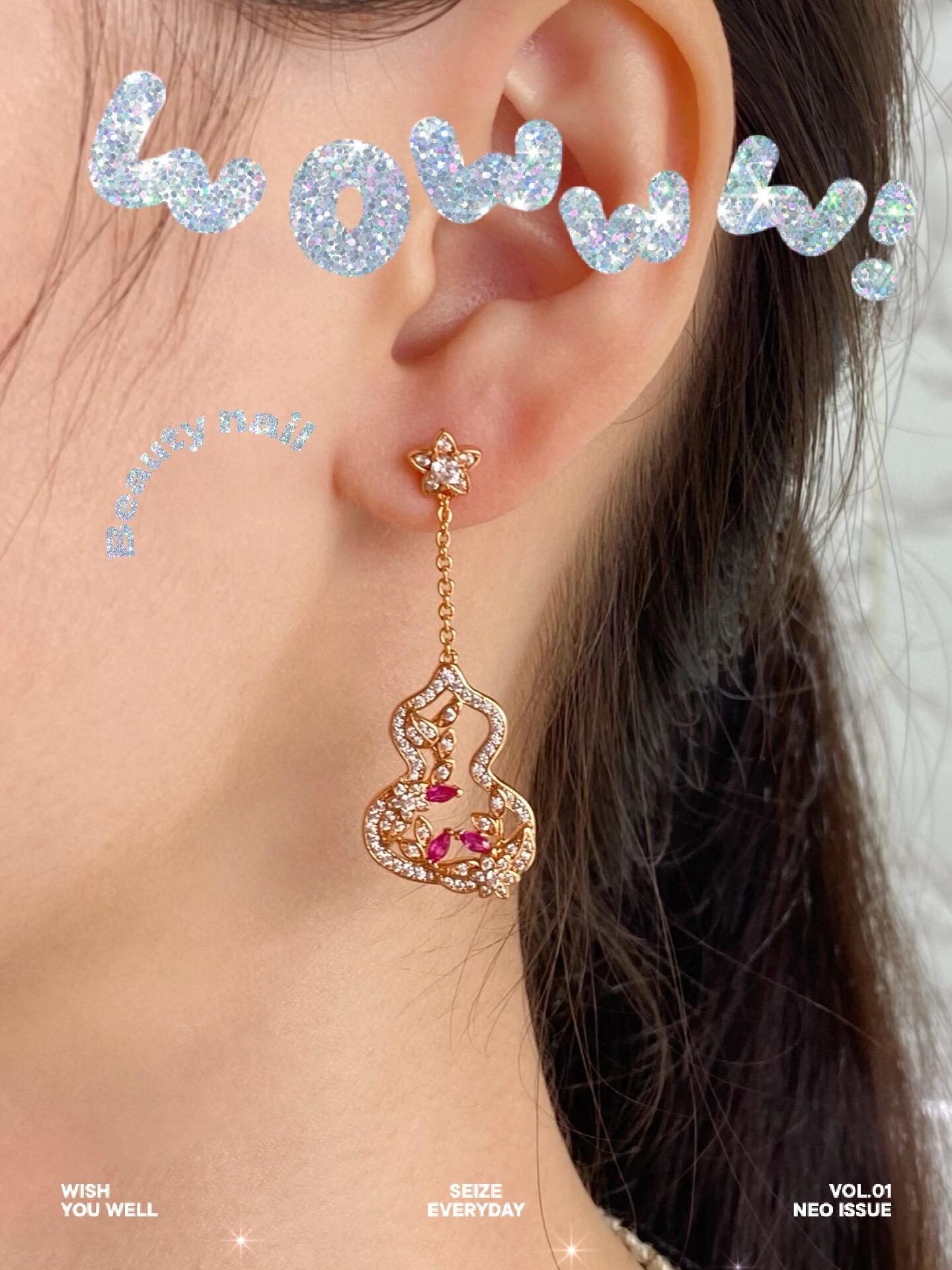 Qeelin Wulu Garden earrings rose gold metal with clear diamonds and ruby red gemstones 4 5cm drop length