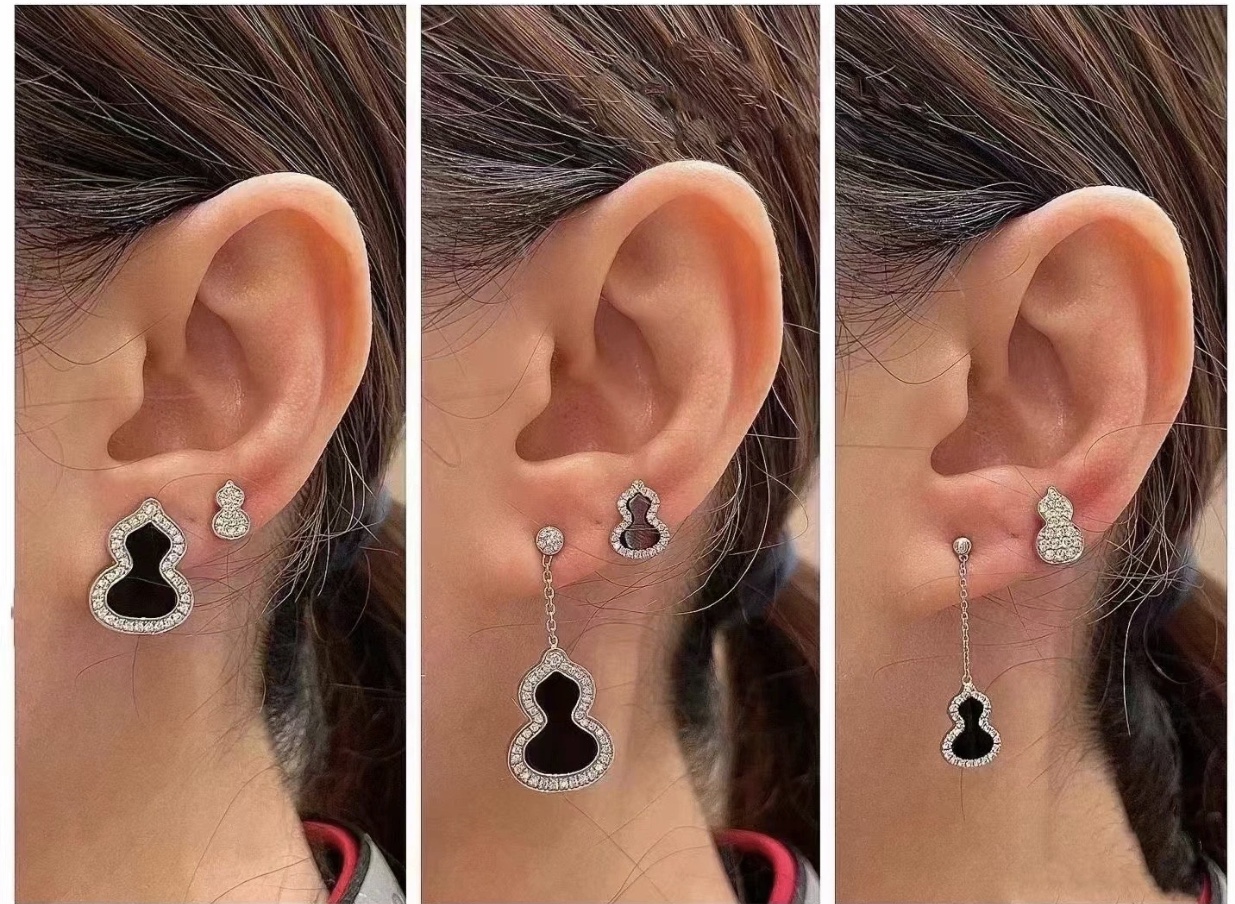 Qeelin Wulu earrings silver-toned white gold with black onyx and clear diamond accents 3cm drop length
