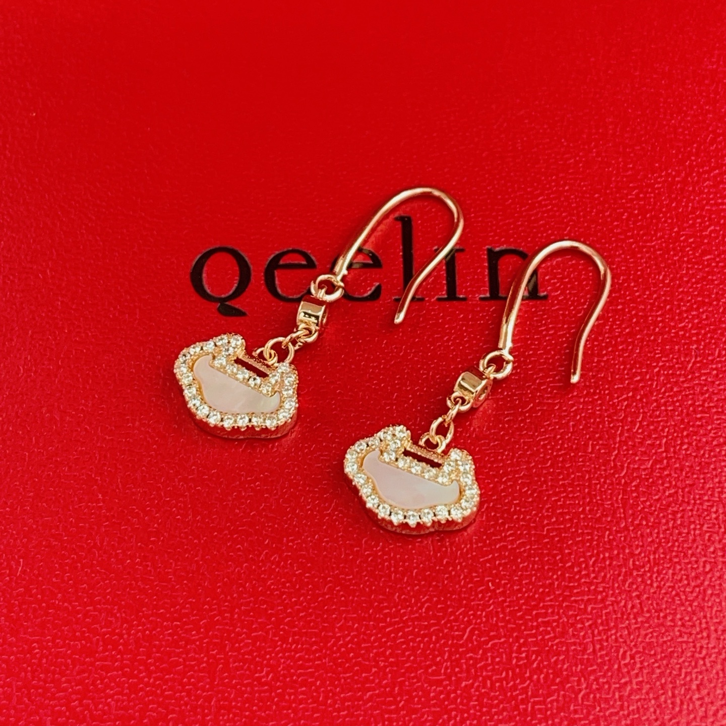Qeelin Yu Yi earrings 18K rose gold white mother-of-pearl clear diamonds 2 5cm drop length