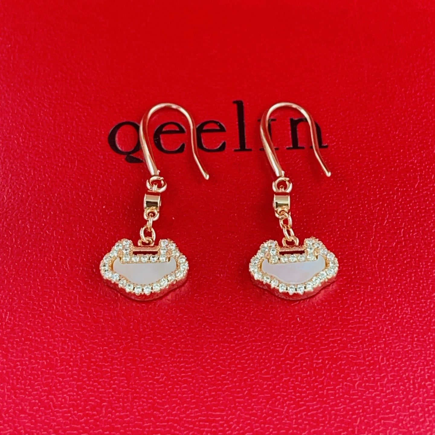 Qeelin Yu Yi earrings 18K rose gold white mother-of-pearl clear diamonds 2 5cm drop length