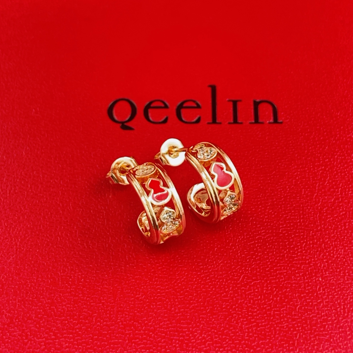 Qeelin Wulu earrings 18k rose gold red enamel clear diamond 10mm hoop diameter