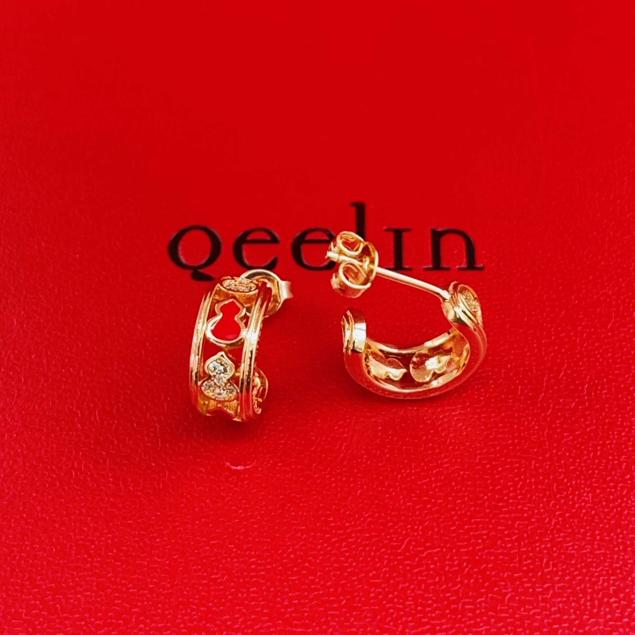 Qeelin Wulu earrings 18k rose gold red enamel clear diamond 10mm hoop diameter