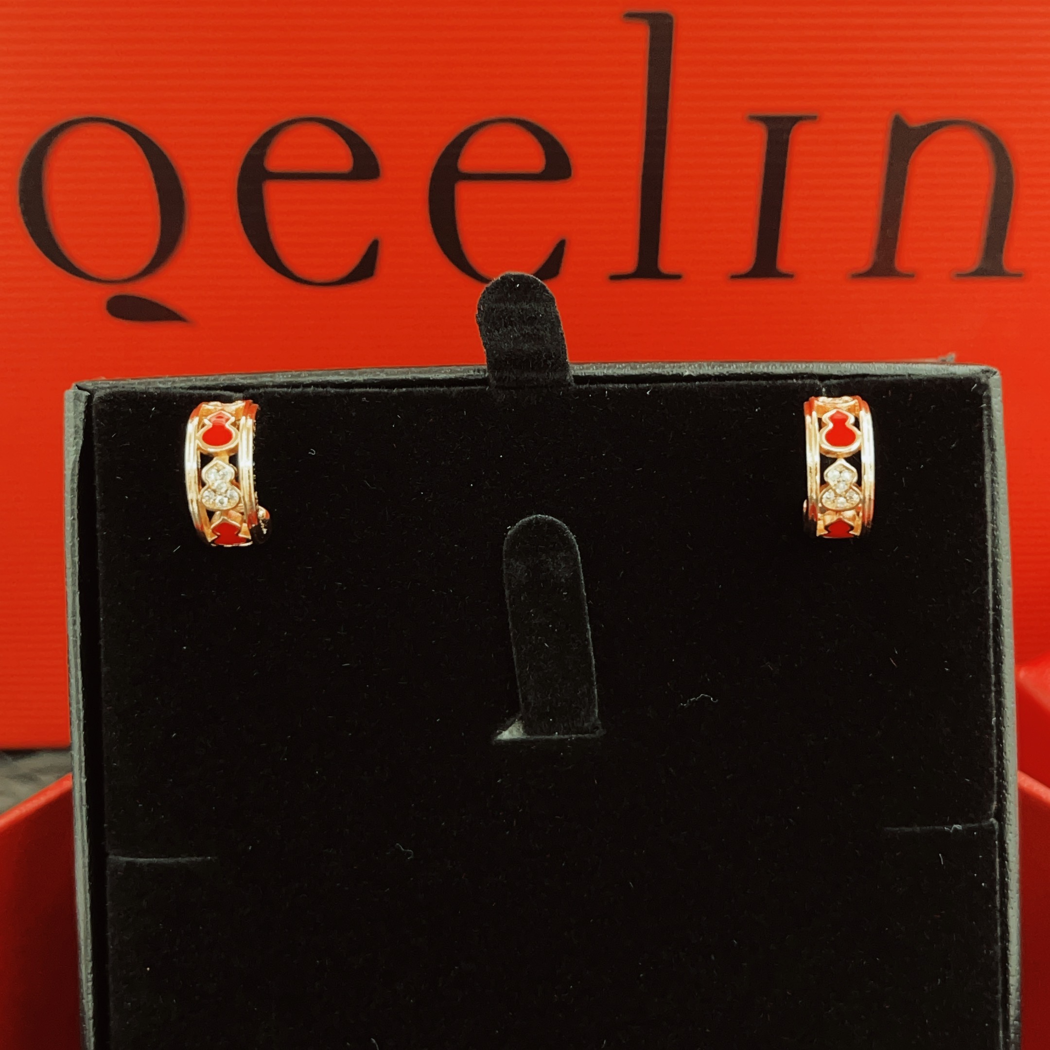Qeelin Wulu earrings 18k rose gold red enamel clear diamond 10mm hoop diameter
