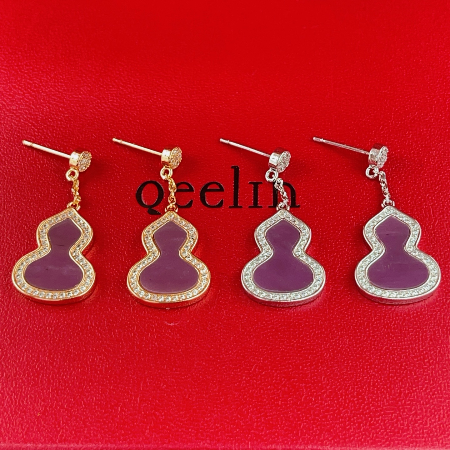 Qeelin Wulu earrings 18K white gold purple gemstone clear diamond accents 1 5cm drop length