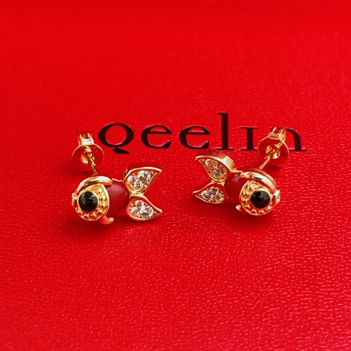 Qeelin Qin Qin Goldfish earrings 18K rose gold red enamel black onyx clear diamond One Size