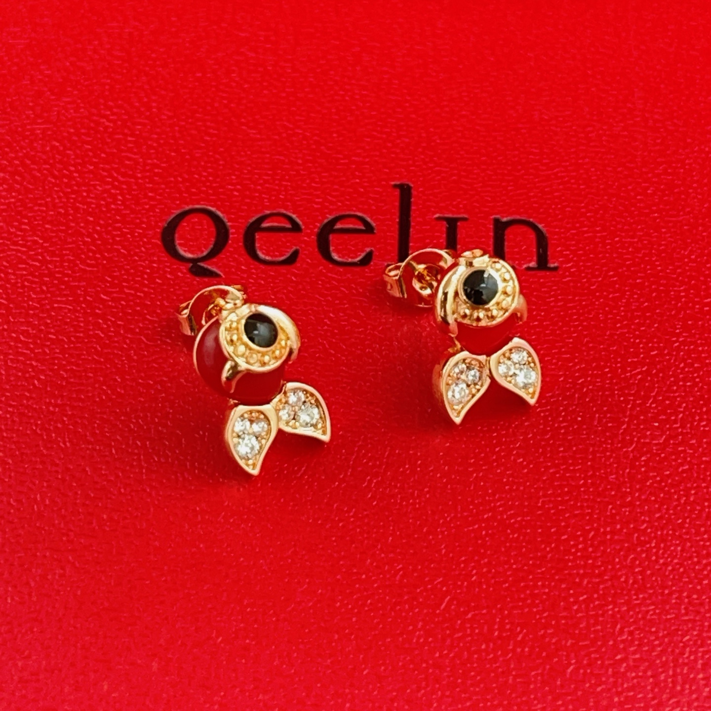 Qeelin Qin Qin Goldfish earrings 18K rose gold red enamel black onyx clear diamond One Size