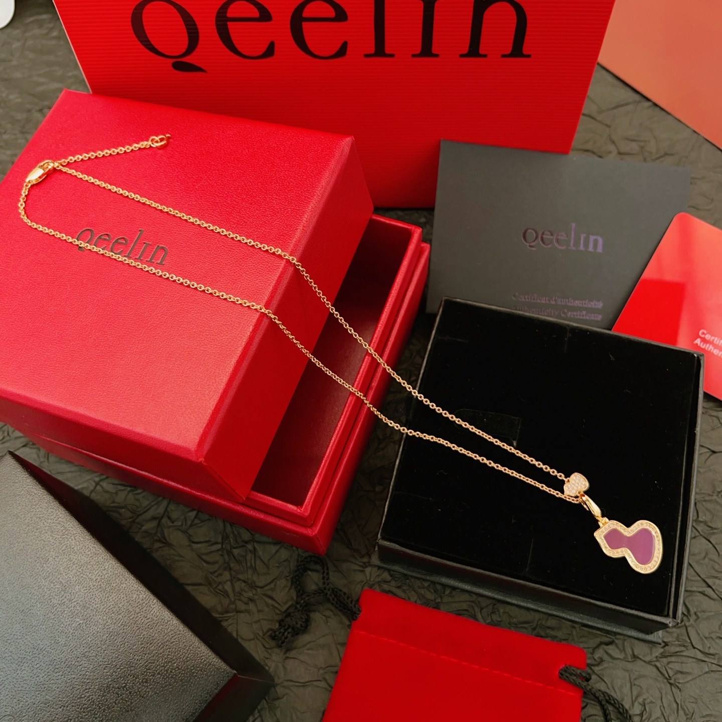 Qeelin Wulu necklace 18K rose gold purple gemstone diamond 42cm