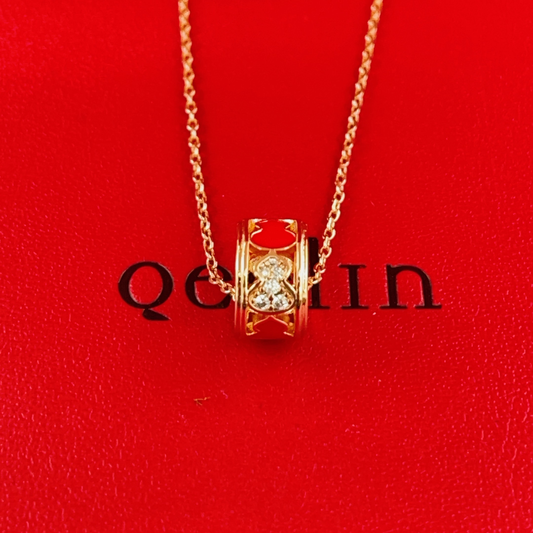 Qeelin Wulu necklace 18k rose gold red enamel clear diamond 42cm