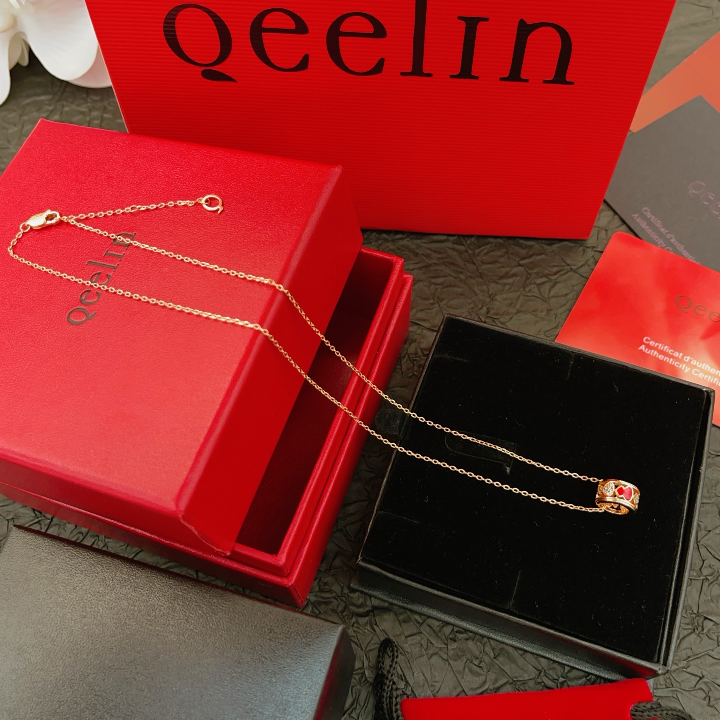 Qeelin Wulu necklace 18k rose gold red enamel clear diamond 42cm