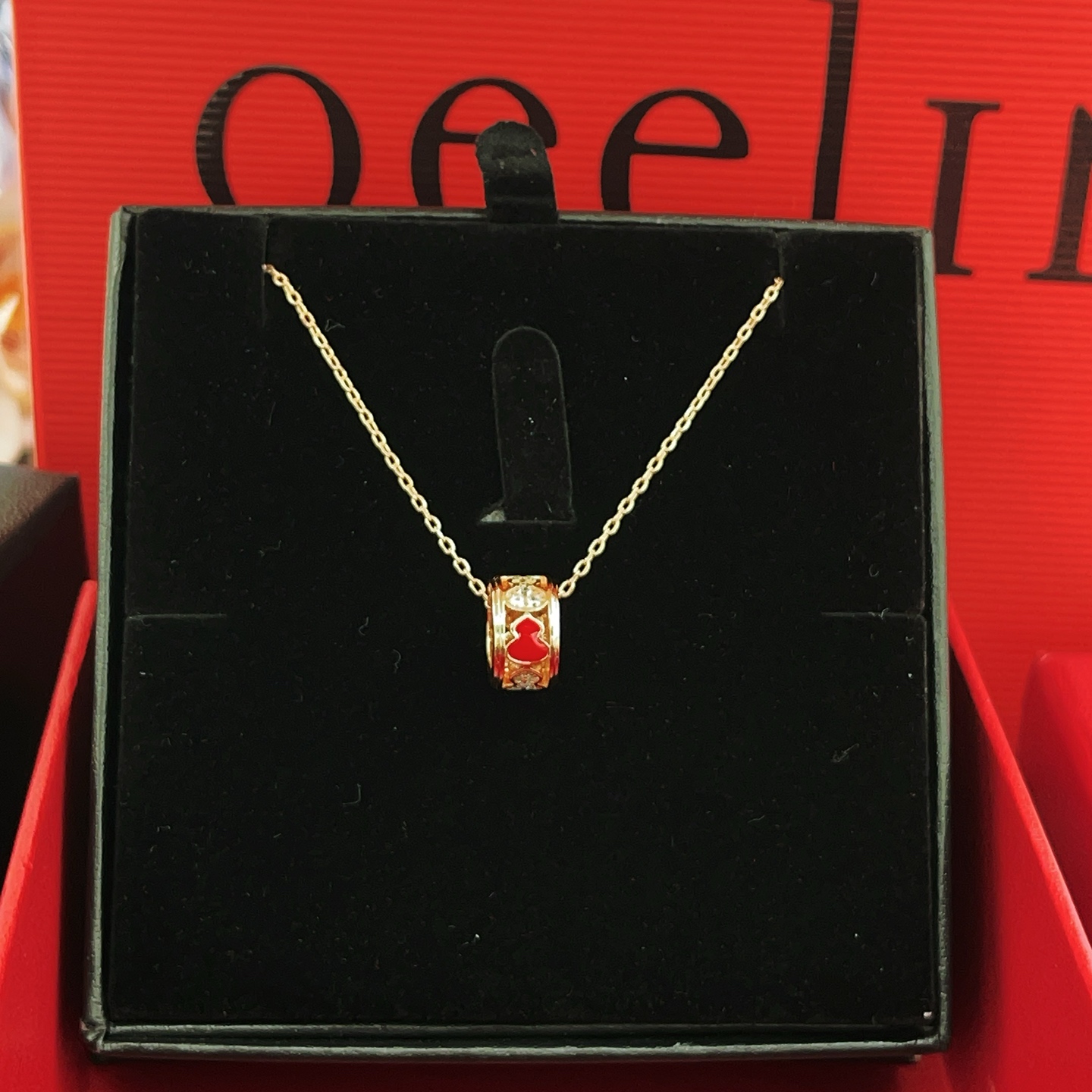 Qeelin Wulu necklace 18k rose gold red enamel clear diamond 42cm