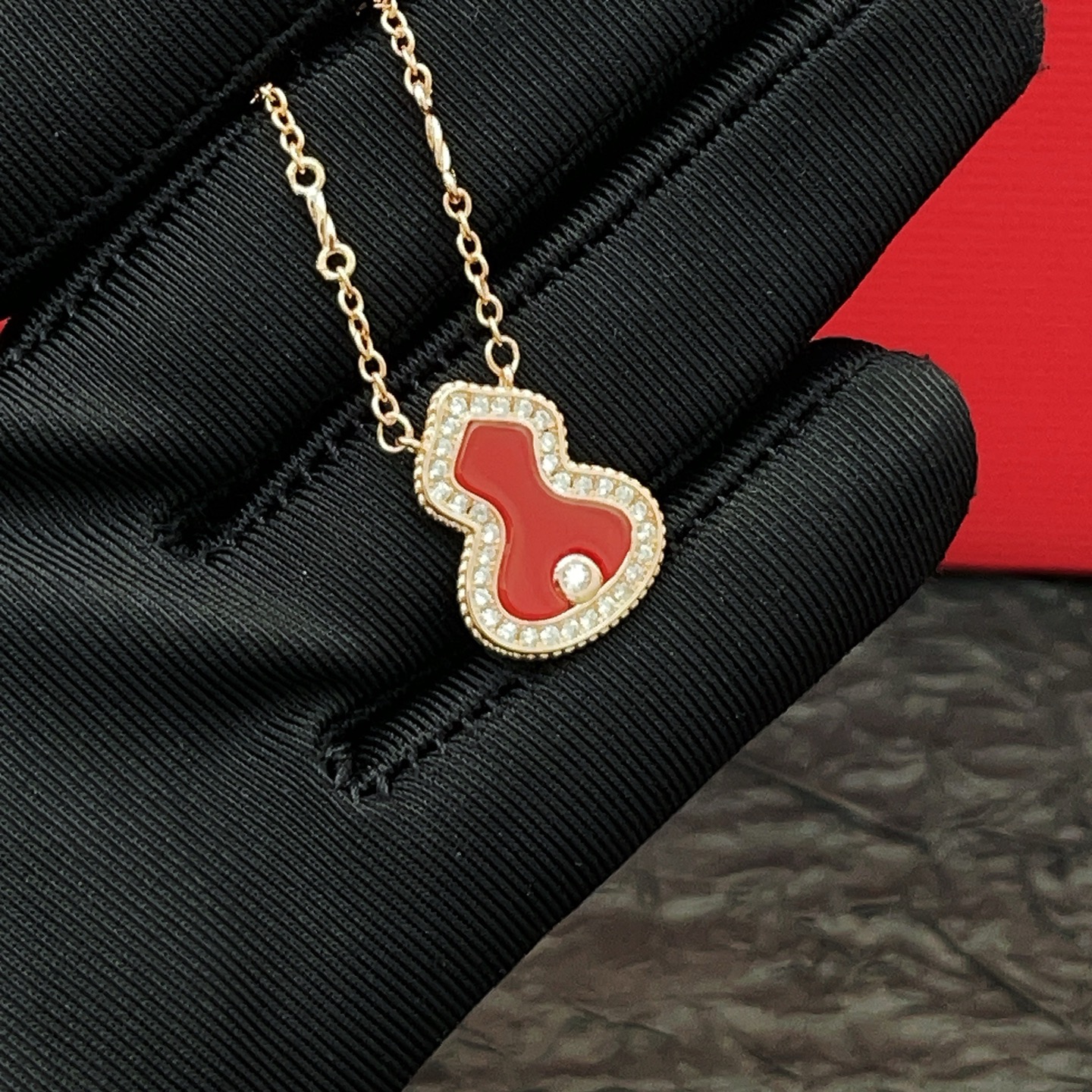 Qeelin Wulu necklace 18k rose gold red carnelian clear diamond accents 42cm with 2cm extender