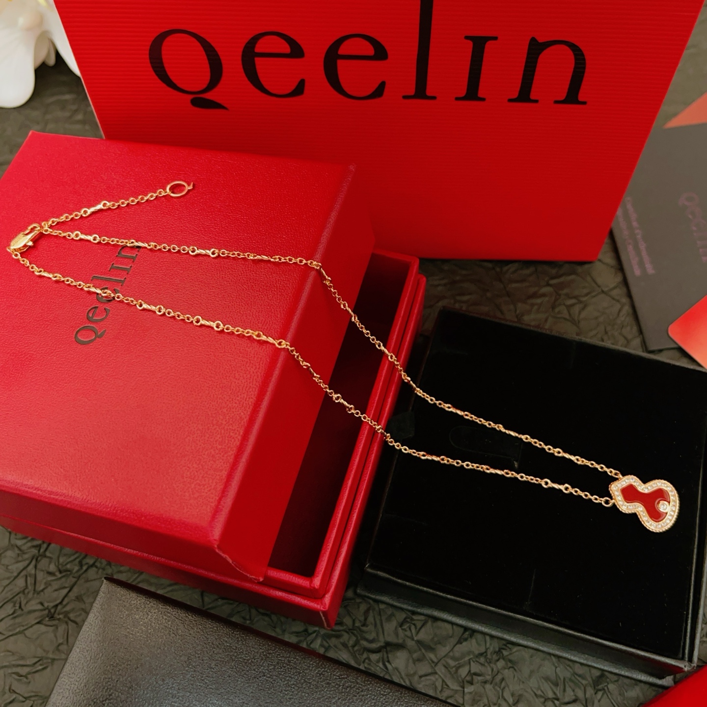 Qeelin Wulu necklace 18k rose gold red carnelian clear diamond accents 42cm with 2cm extender