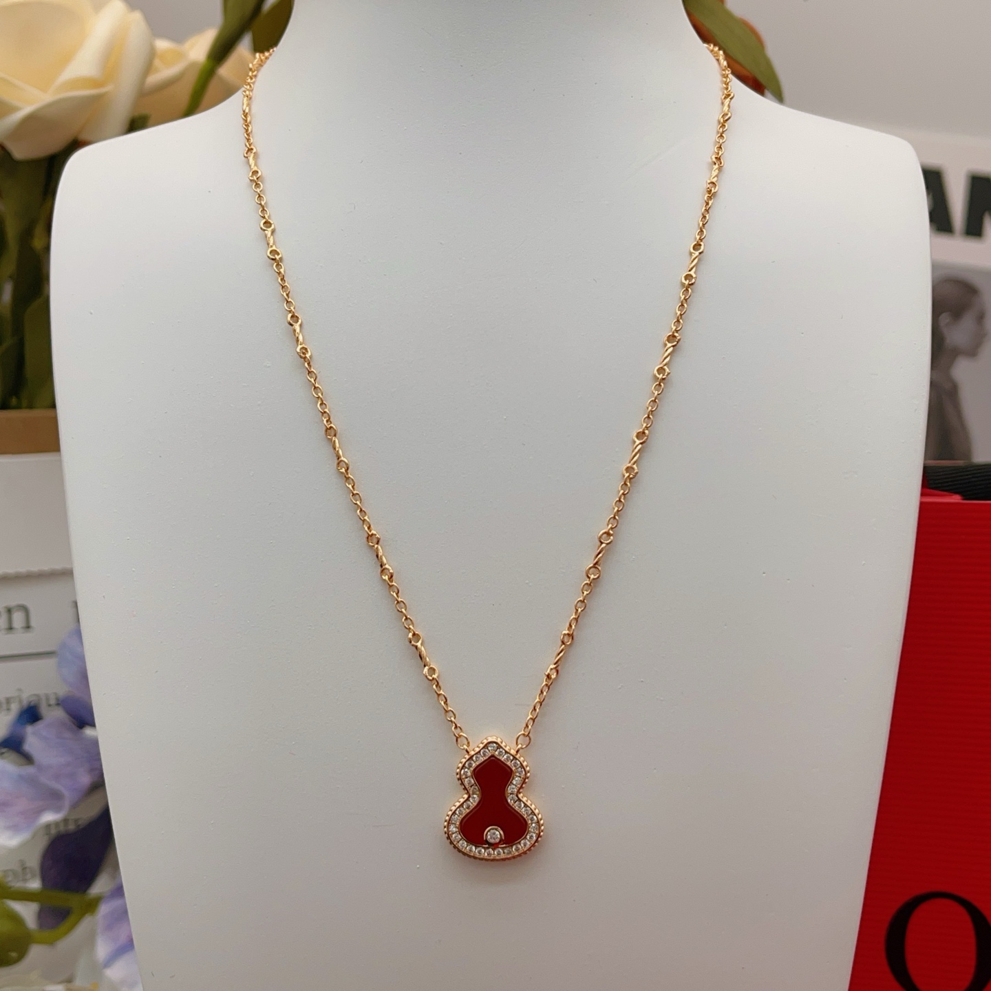 Qeelin Wulu necklace 18k rose gold red carnelian clear diamond accents 42cm with 2cm extender