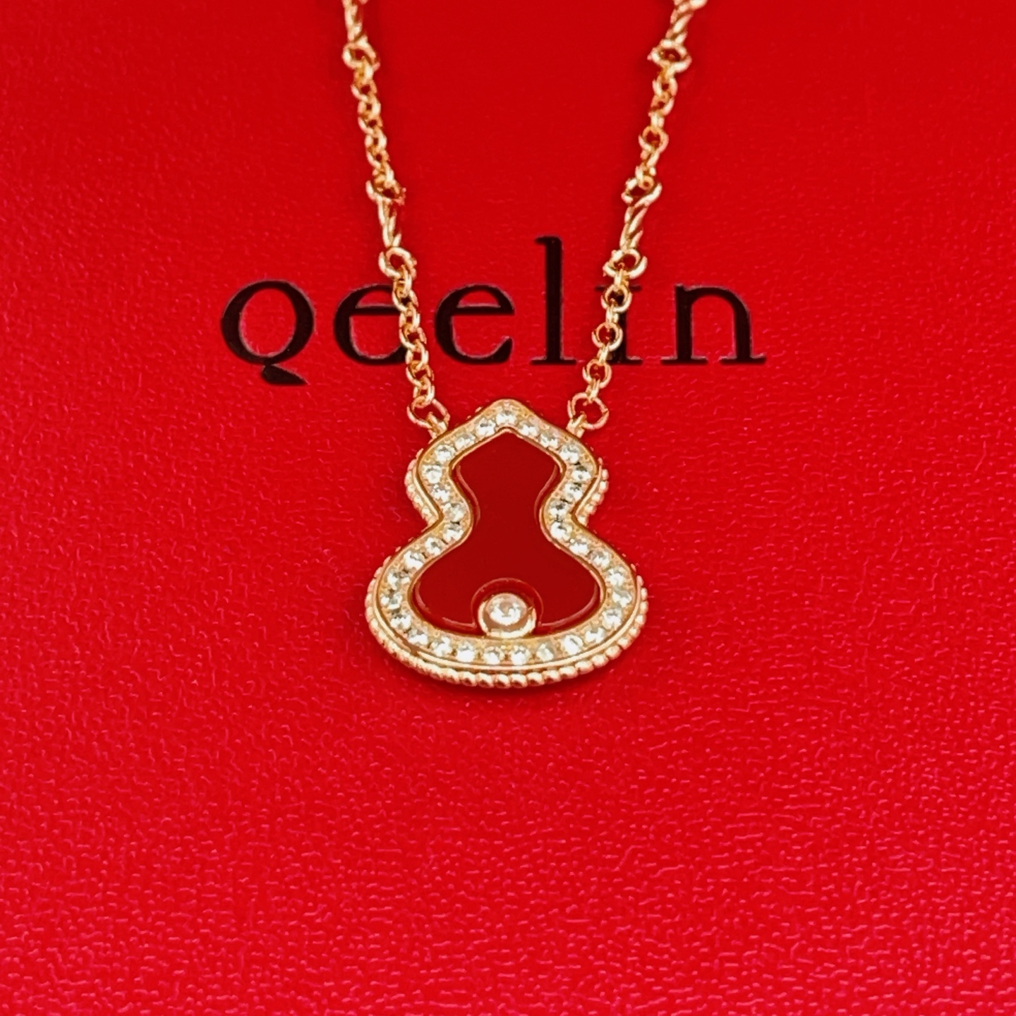 Qeelin Wulu necklace 18k rose gold red carnelian clear diamond accents 42cm with 2cm extender