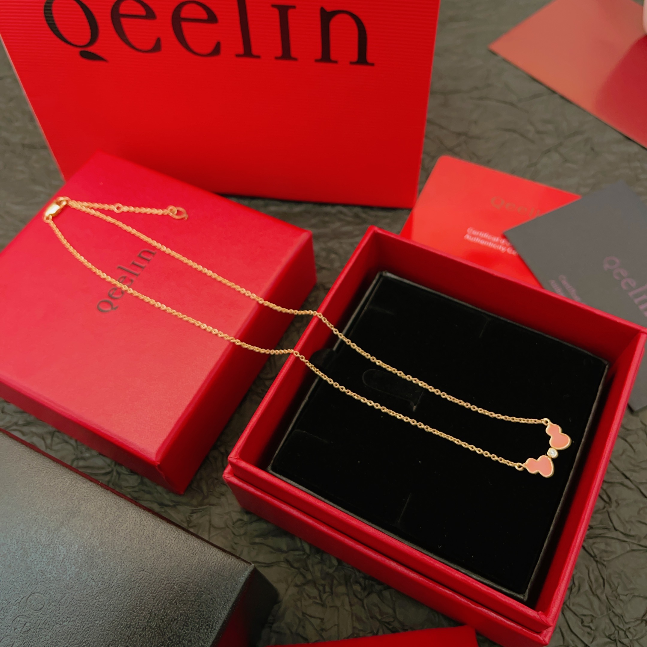 Qeelin Wulu necklace rose gold metal pink opal inlay clear diamond accent 42cm