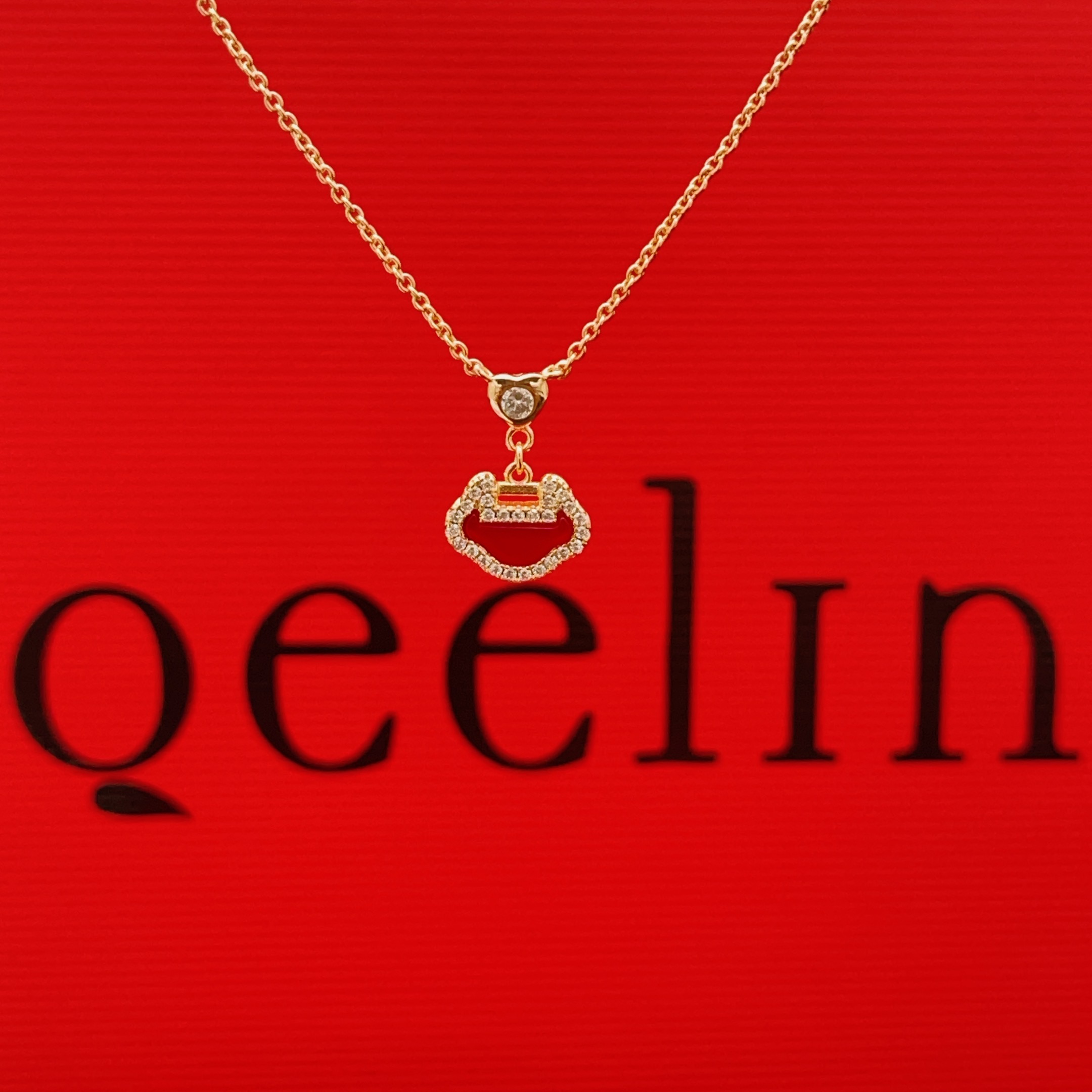 Qeelin Yu Yi necklace 18k rose gold red enamel clear diamond 42cm with 2cm extender