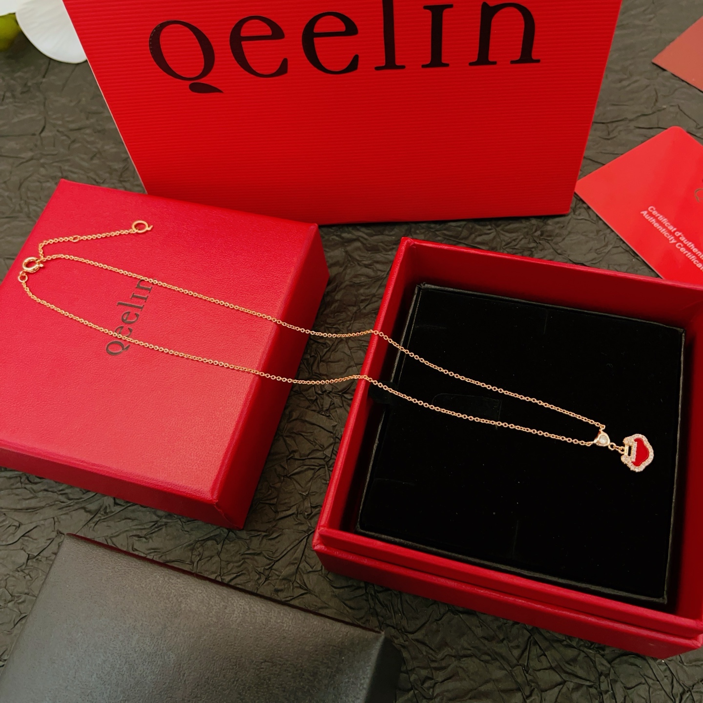 Qeelin Yu Yi necklace 18k rose gold red enamel clear diamond 42cm with 2cm extender