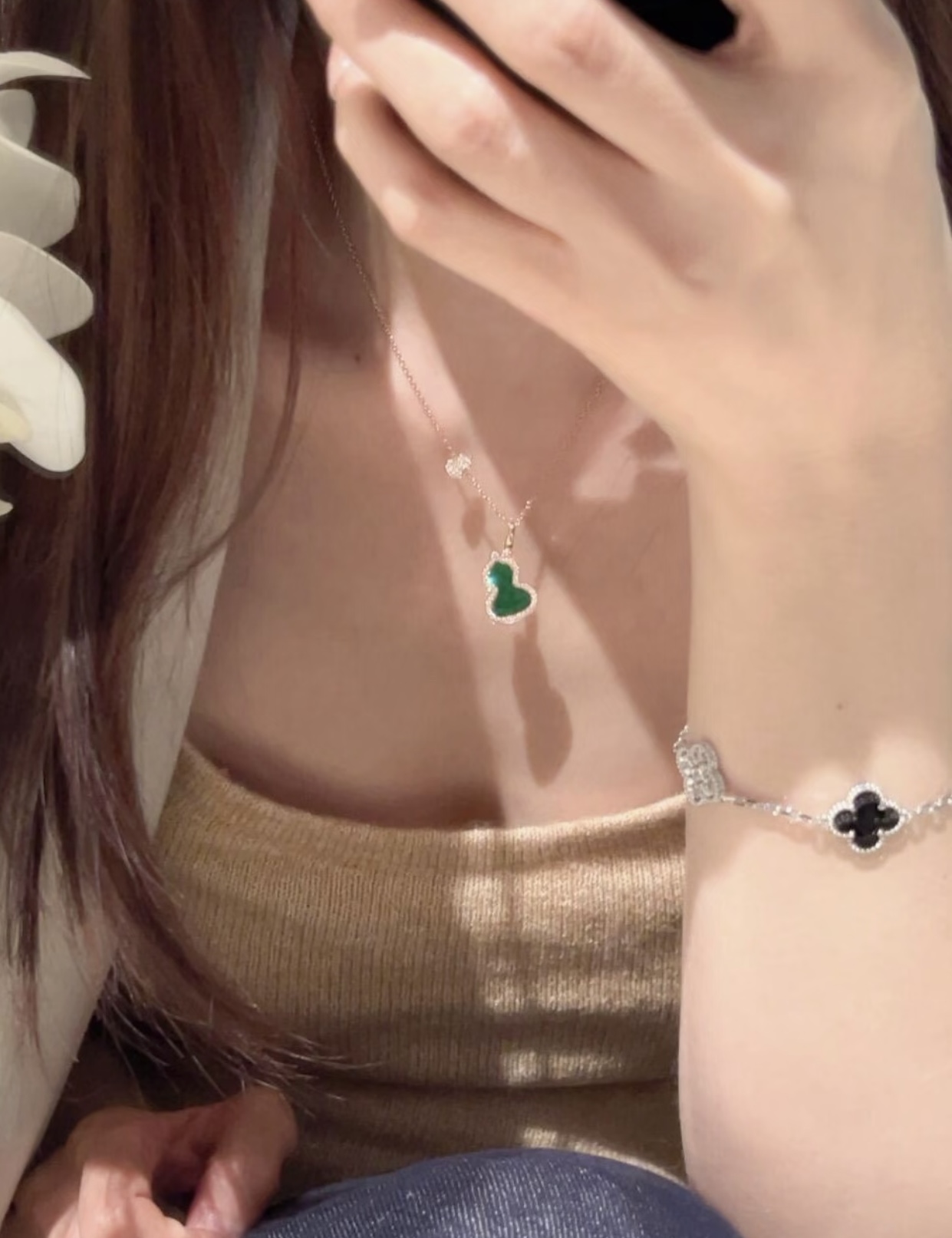 Qeelin Wulu necklace 18K white gold with green jade and diamond accents 42cm