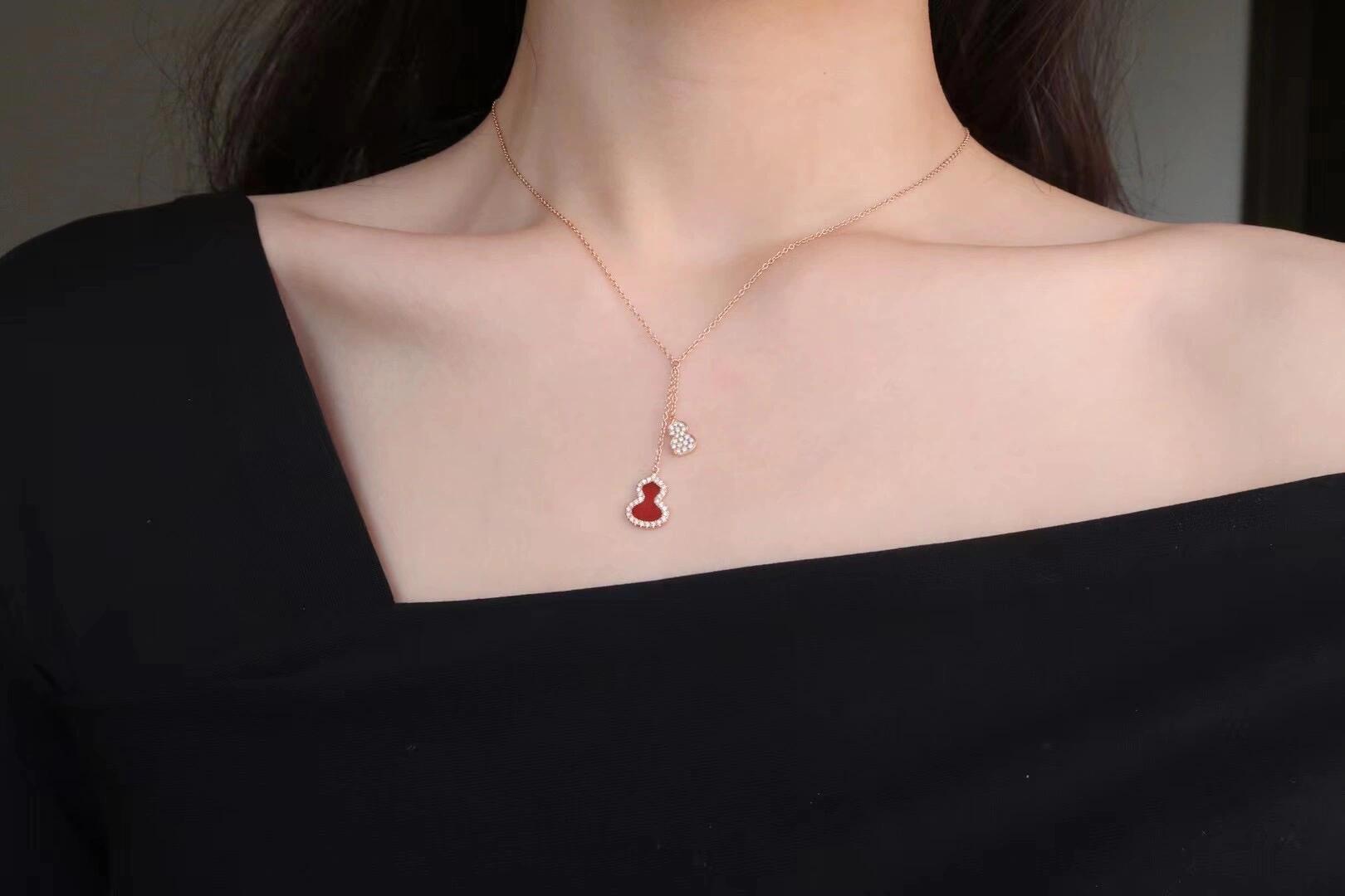 Qeelin Wulu necklace Rose gold with diamond accents available with white mother-of-pearl green jade pink opal or red carnelian inlay 40-45cm adjustable